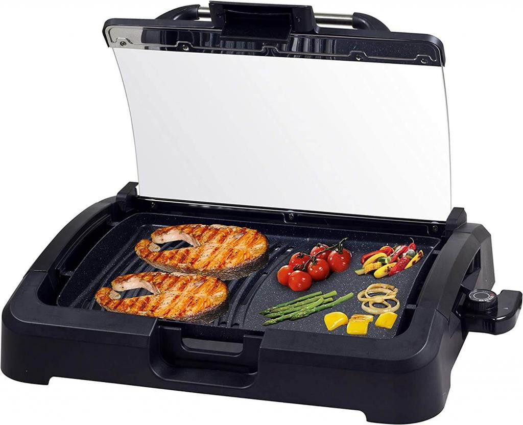 Beper Elektrogrill 90.871 Elektrogrill mit Glasdeckel, beschichtete Grillplatte, 2200.00 W, Non-Stick Druckgussplatte