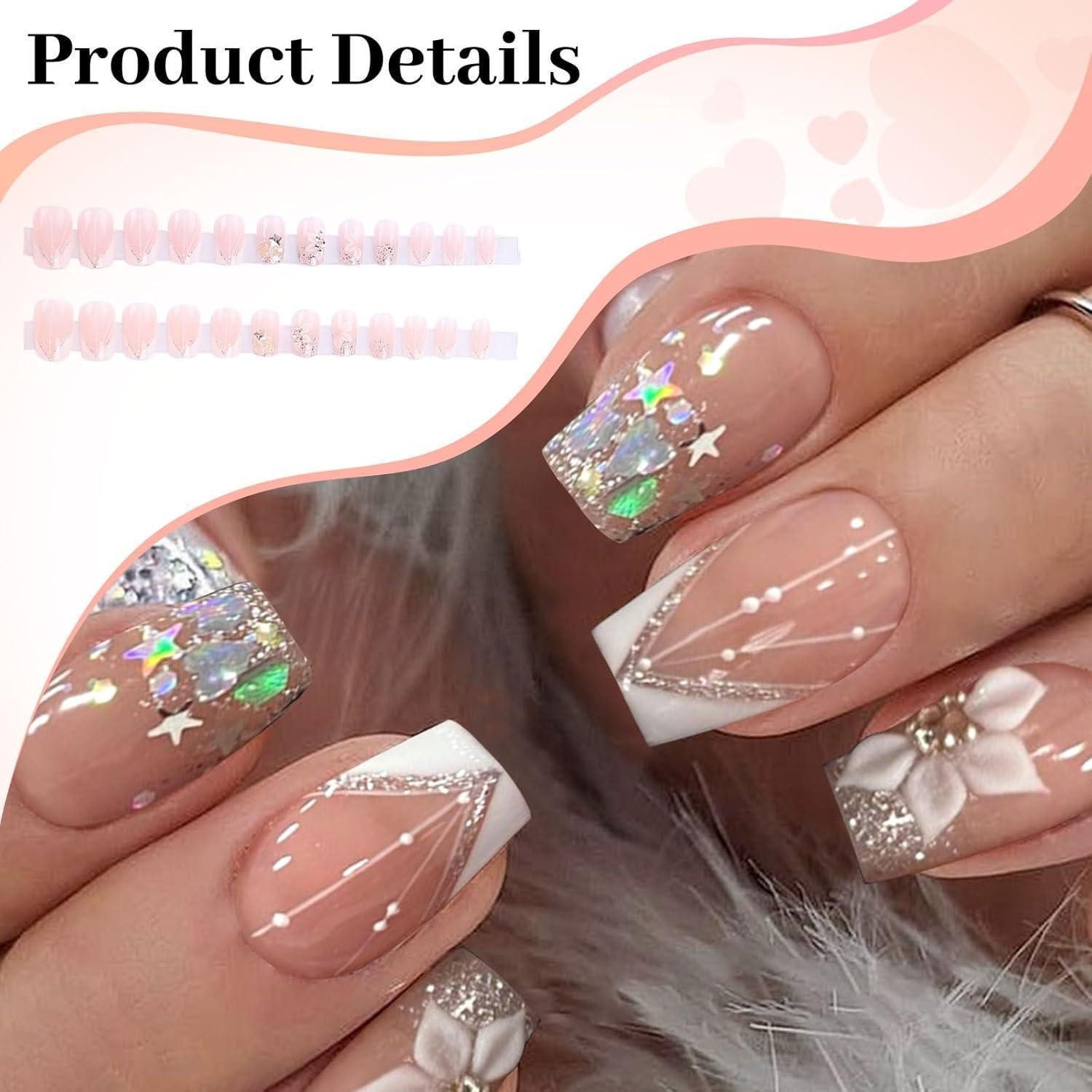 LuxusKollektion Kunstfingernägel Künstliche Nägel 24er Set eckig glänzend rosa zum Aufkleben mit Strass