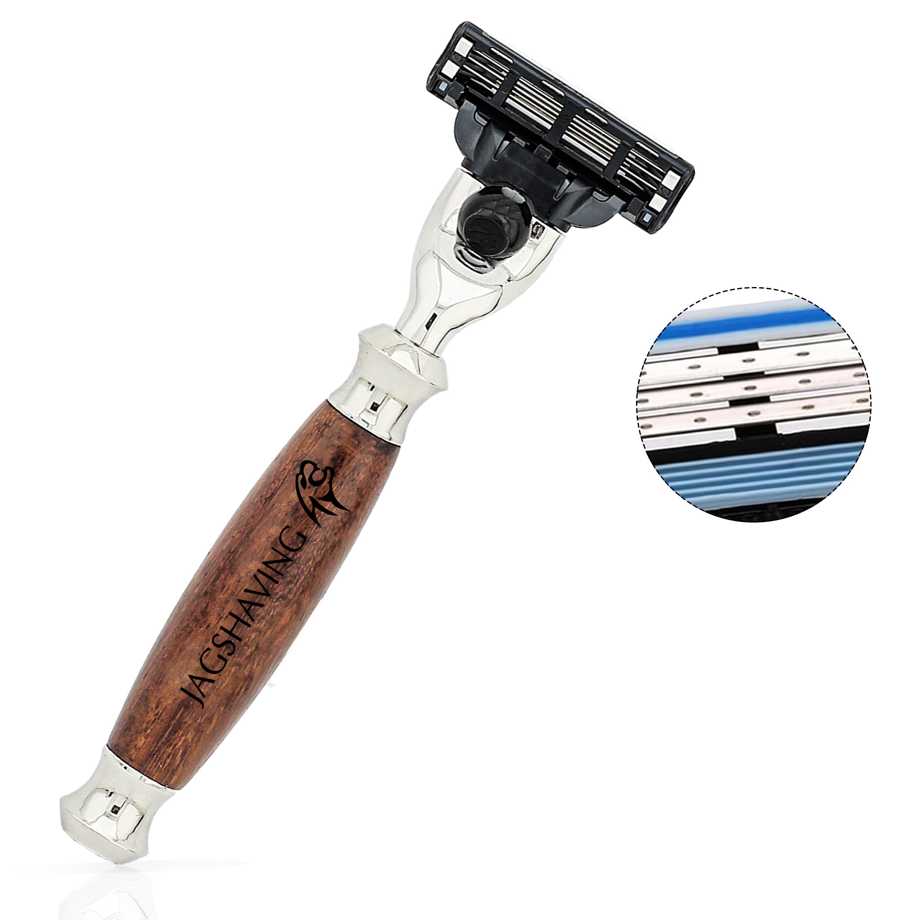 JAG SHAVING Rasierhobel 3-Kanten-Rasierklingen für Herren, Rasierer aus Holz und Metall, economy pieces, 1-tlg., Premiumdesign, along with Mach 3 Gillette-Patrone