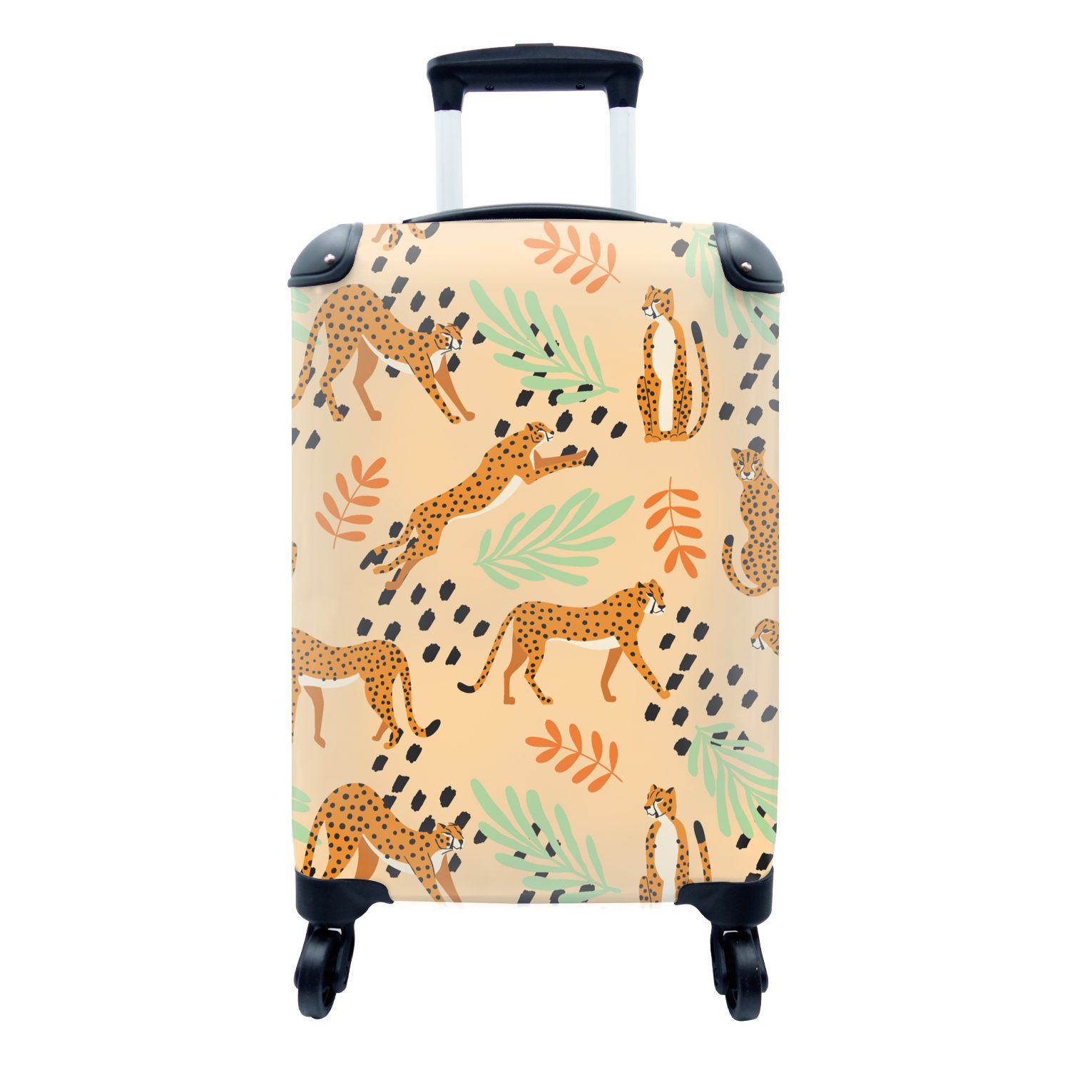 MuchoWow Handgepäckkoffer Muster - Gepard - Blätter, 4 Rollen, Reisetasche mit rollen, Handgepäck für Ferien, Trolley, Reisekoffer