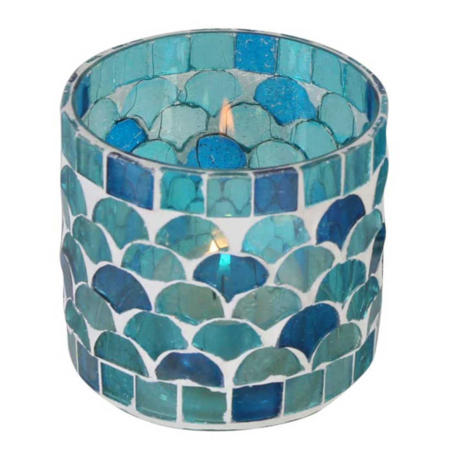 Casa Moro Windlicht Orientalisches Mosaik Windlicht Athen Hellblau aus Glas handgefertigt (Boho Chic Teelichthalter Kerzenständer Kerzenhalter, Glaswindlicht in den Größen S und M oder als 2er Set bestellbar), Geschenk Idee Muttertag Ostern