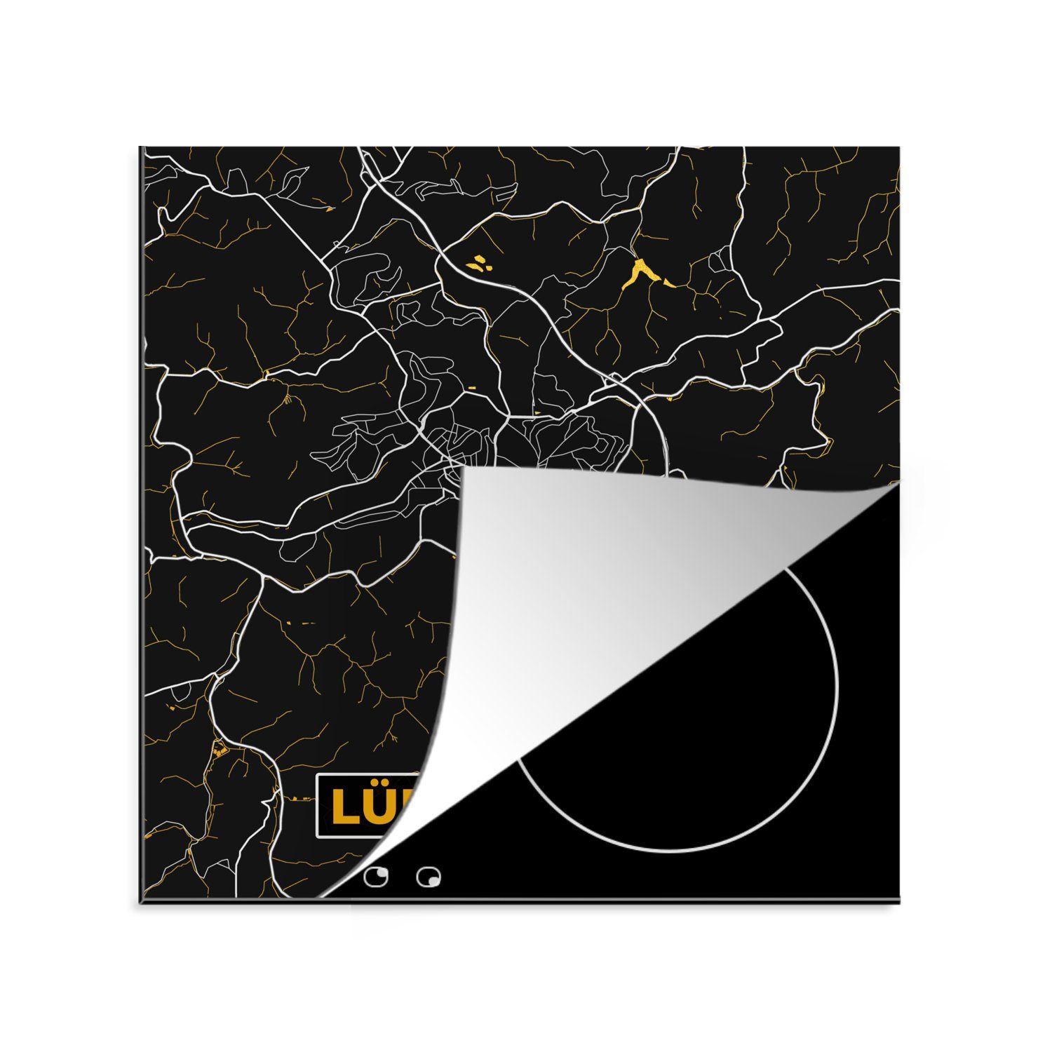 MuchoWow Herdblende-/Abdeckplatte Stadtplan - Karte 78x78 - - cm, Deutschland Karte, für - Arbeitsplatte Ceranfeldabdeckung, Lüdenscheid - Gold tlg), küche Vinyl, (1