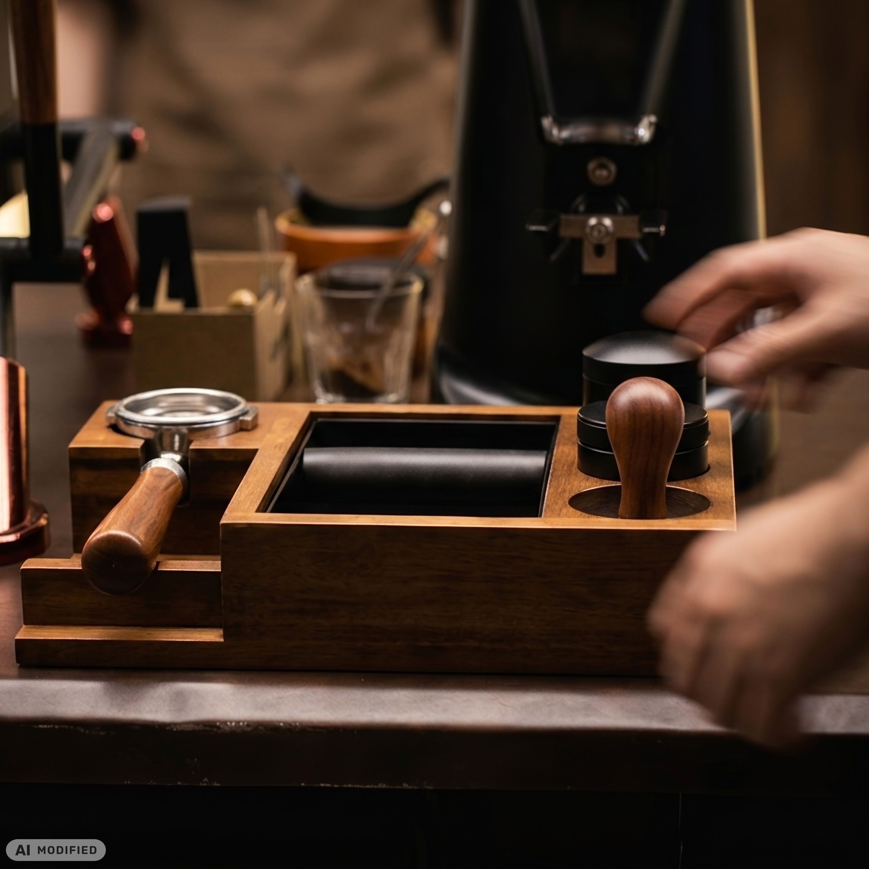 WONDERMAKE Tamperstation mit Knock-Box Siebträger 51–58,5 mm, Moso-Bambus mit Walnuss-Finish, Espresso Kaffee Organizer mit Ablagen für Tamper, Leveler, Puck Sc – Bild 5 von 5