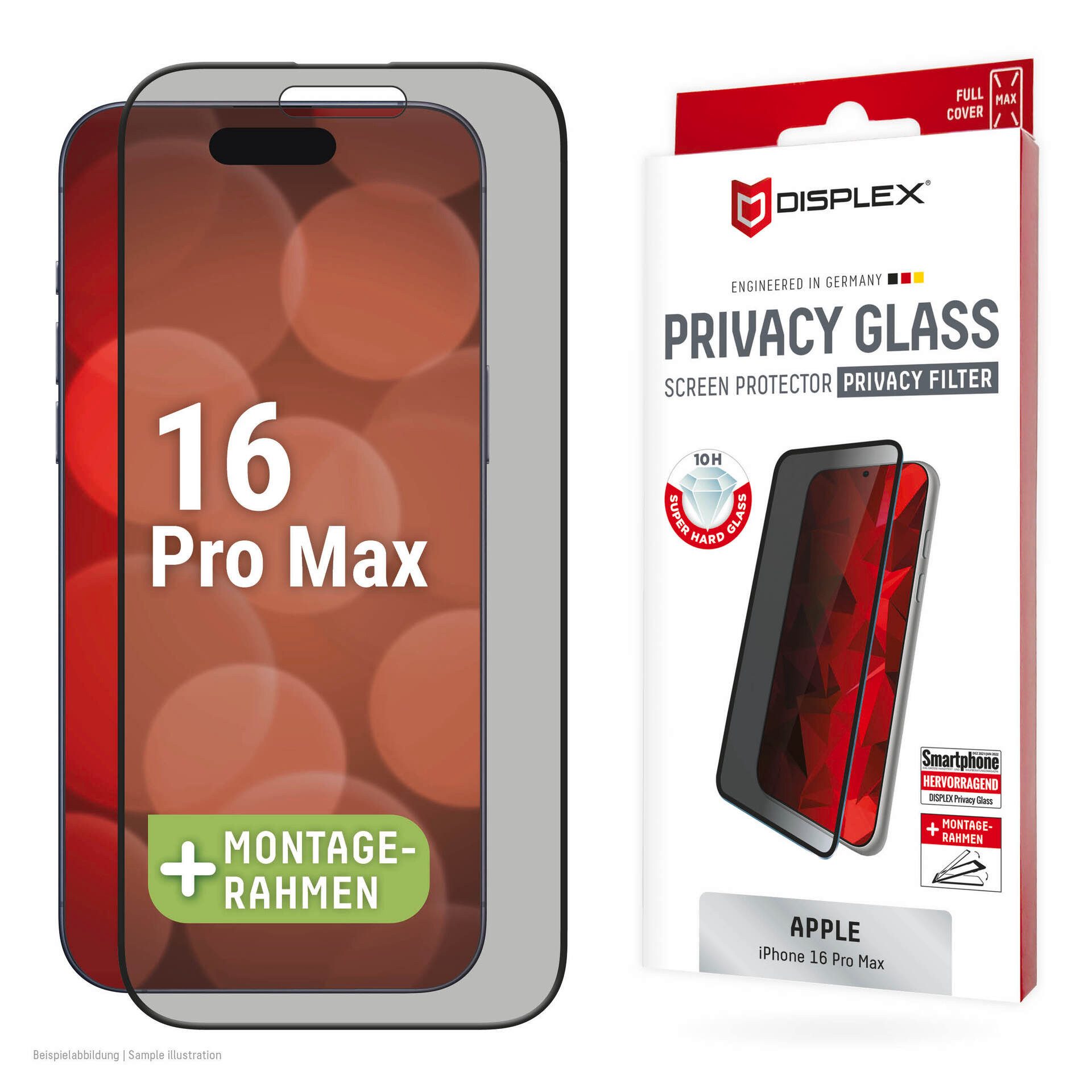 Displex Displayschutzglas Privacy Glass Full Cover für Apple iPhone 16 Pro Max, 1 Stück, Displayschutzfolie, Schutzfolie, Bildschirmschutz, kratz- & stoßfest