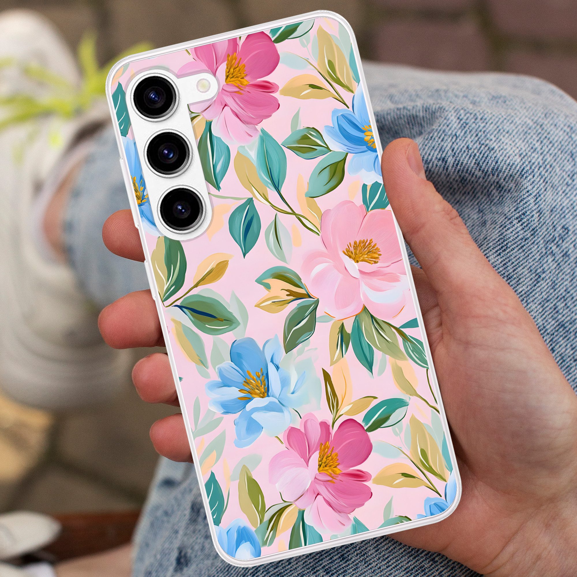 MuchoWow Handyhülle für Samsung Galaxy S23 Blau - Rosa - Blumen, Phone Case, Silikon, Schutzhülle Dünn