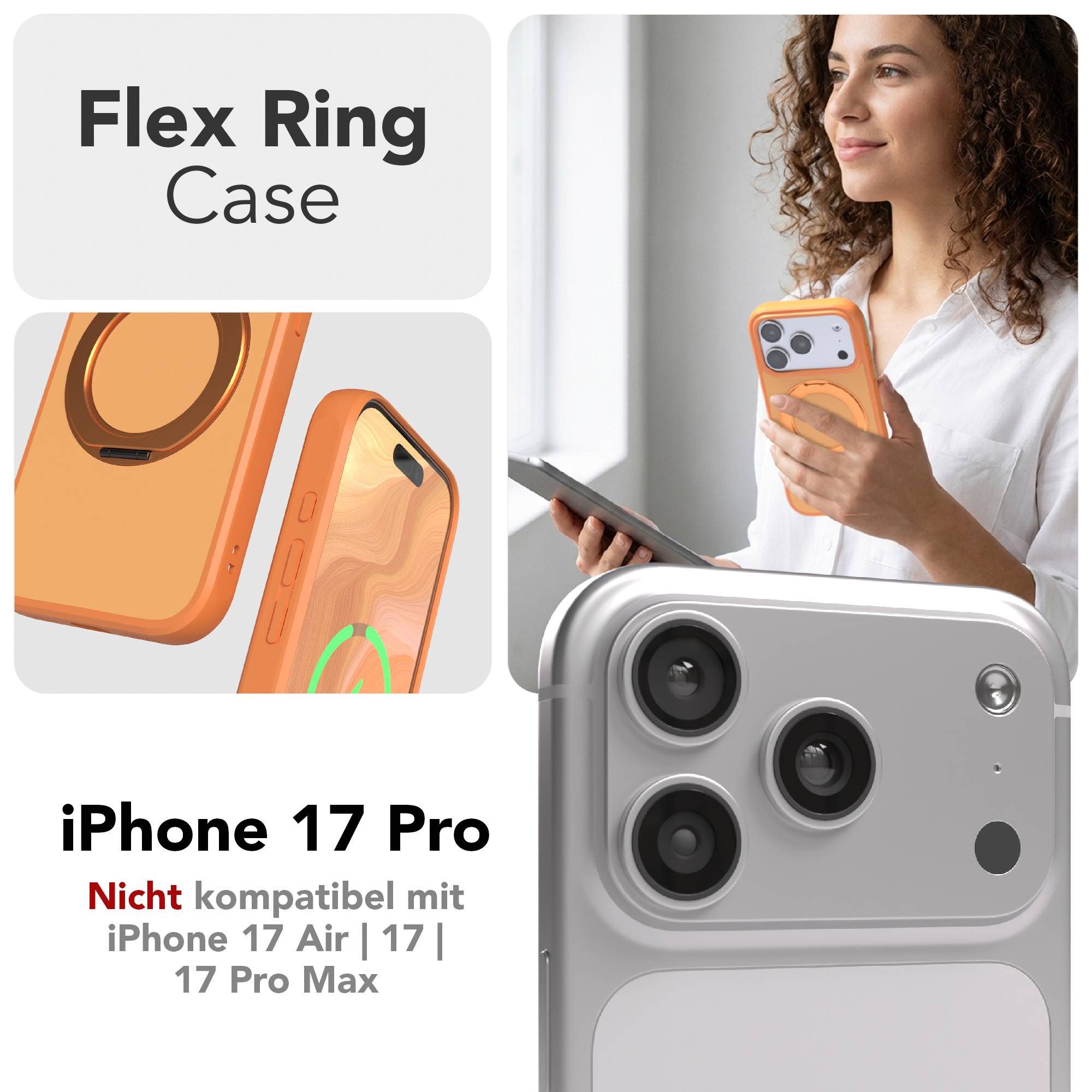 EAZY CASE Handyhülle Outdoor Apple iPhone 17 Pro Case MagSafe Rotation Ring 6,3 Zoll, Slimcover Handyhülle Outdoor zum Aufstellen mit Ring modern in Orange