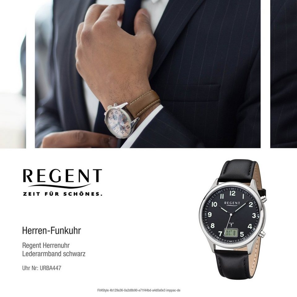 Regent Funkuhr Regent Leder Herren Uhr BA-447, Herrenuhr Lederarmband  schwarz, rundes Gehäuse, groß (ca. 40mm)