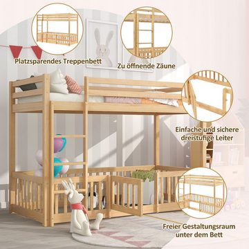 Fangqi Massivholzbett 200x90cm großes Kinder-Etagenbett mit Fallschutz und Geländer (Etagenbett mit rechtwinkliger Treppe, Zaun und Tür)