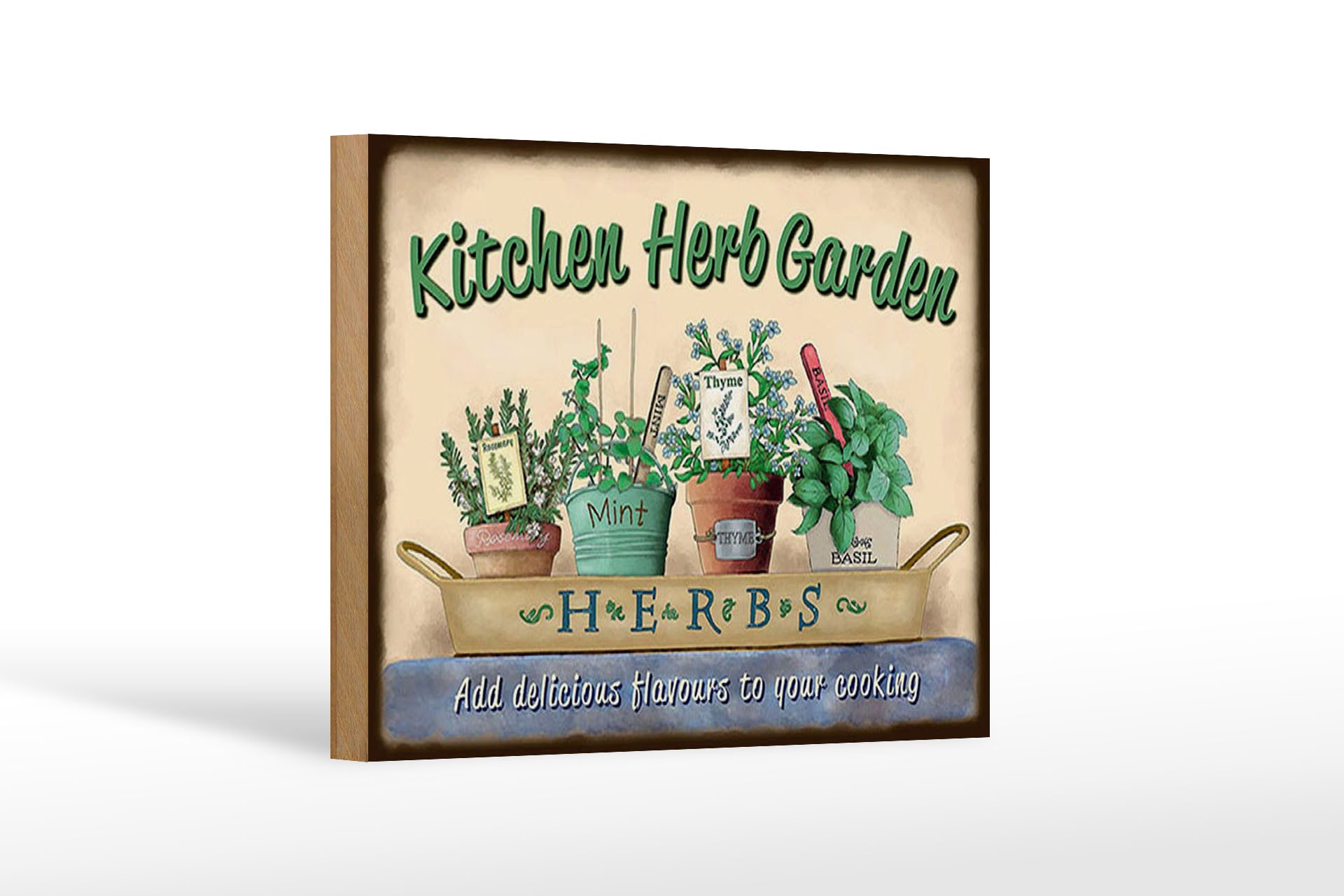 Femer GmbH Holzbild Garten 18x12 cm Kirchen Herb Garden Mint Thyme, Küche Haus Garten (1 St), Glatte Holzfaserplatte (MDF), vorn beschichtet