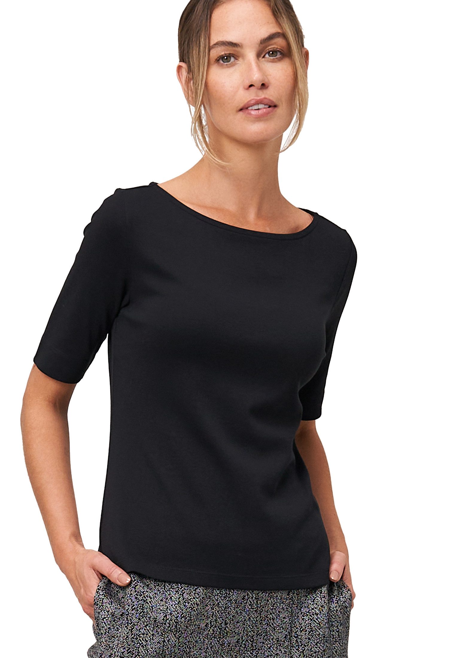 Zero Kurzarmshirt Damen Baumwollshirt mit U-Boot Ausschnitt (1-tlg) Plain/ohne Details