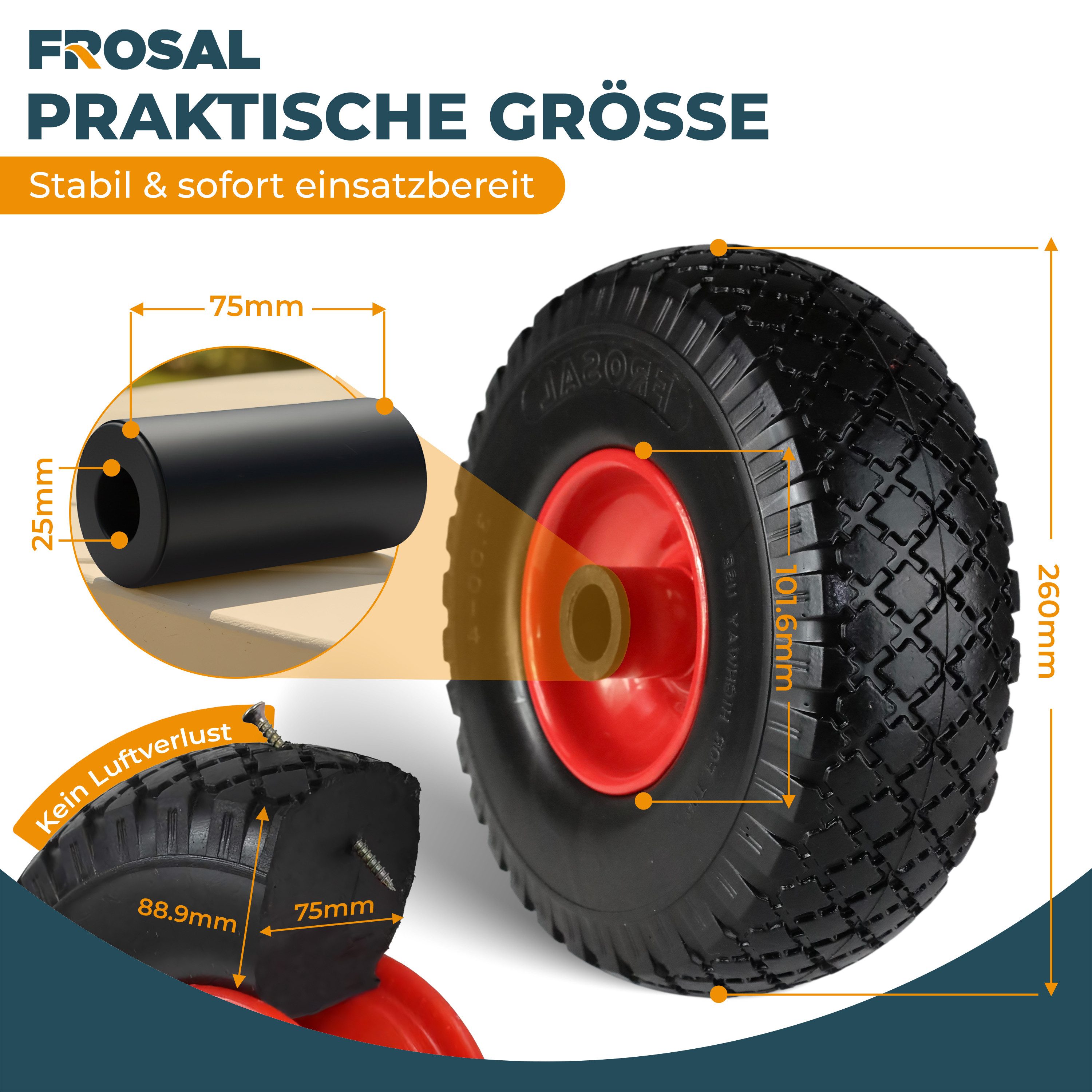 Frosal Ersatzrad pannensichere 260×75 mm für Bollerwagen & Sackkarre (1 St), pannensicher