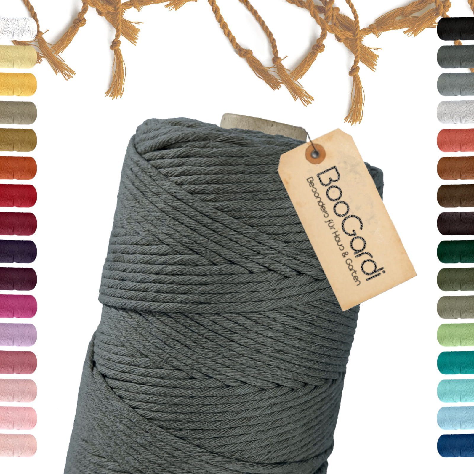 BooGardi Makramee Garn Bastelgarn, (3mm x 200m 100% Baumwolle), Dunkelgrau 2 Stärken Macramee Kordel Band