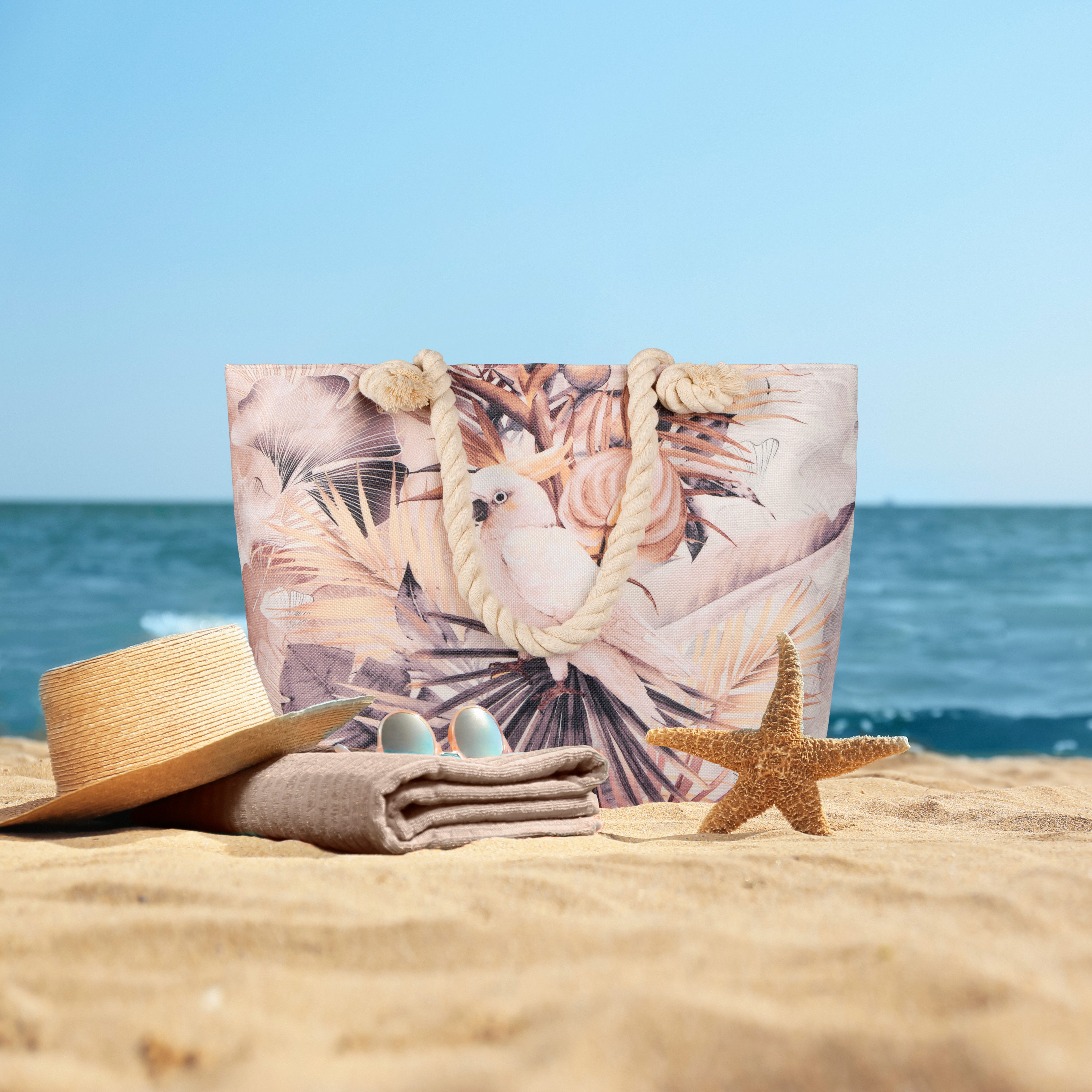 Descanso Freizeittasche Tasche 43x60 cm Gewebtes Polyester Pippa Blätter und ein Papagei natu (Spar-Set, 1-tlg., Set), 1 x Tasche Descanso 43x60 cm natur
