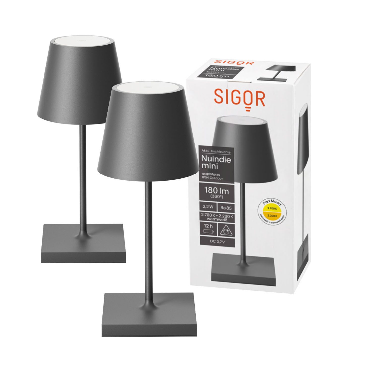 SIGOR LED Tischleuchte 2x Nuindie mini USB-C 250mm graphitgrau, Dimmbar, LED fest integriert, Warmweiß