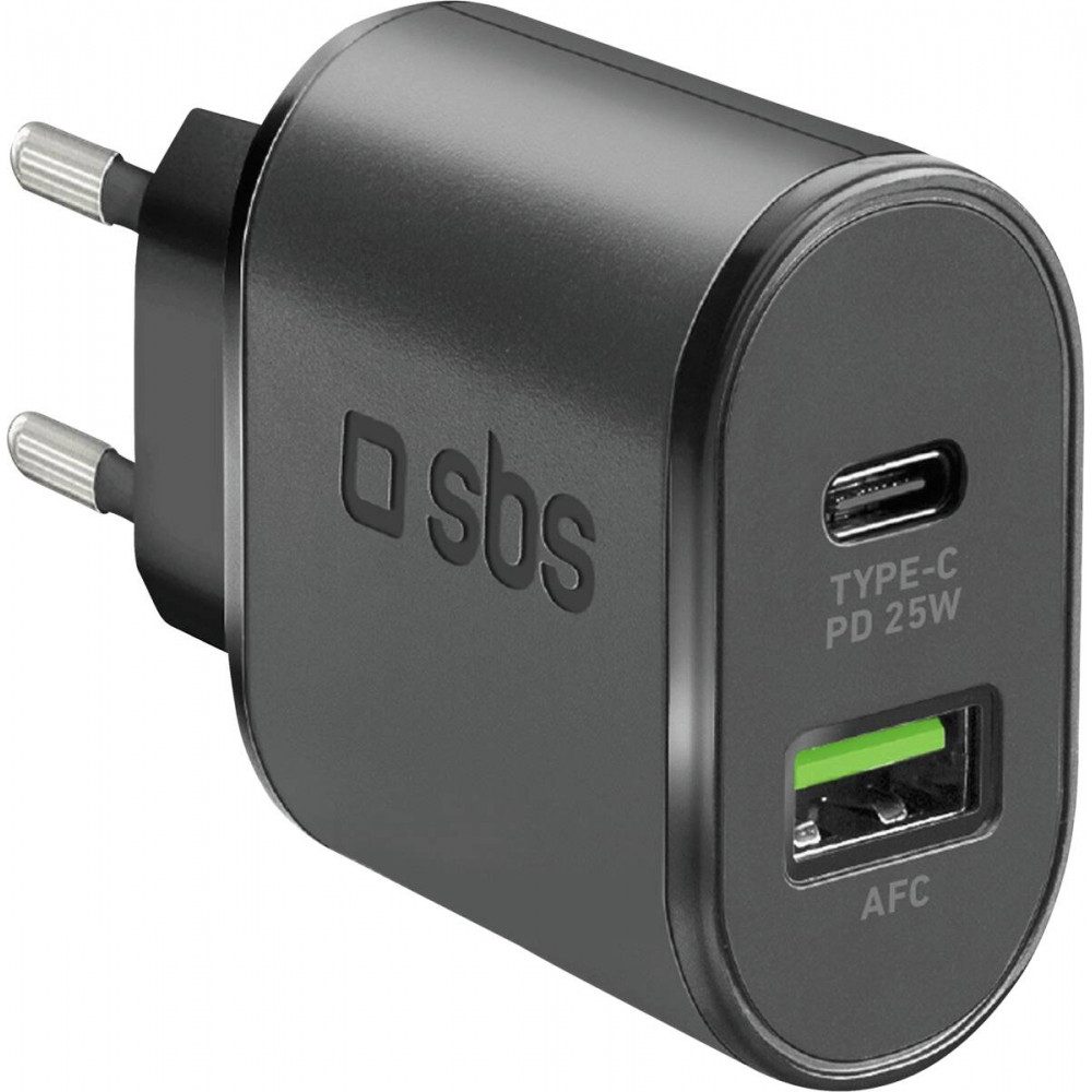 sbs SBS Power Delivery Charger 25W - Ladegerät. Elektro-Kabel, USB-C Kupplung, USB-A Kupplung, USB-A Kupplung, USB-C Kupplung, Schnelles Laden mit 25W für zwei Geräte gleichzeitig
