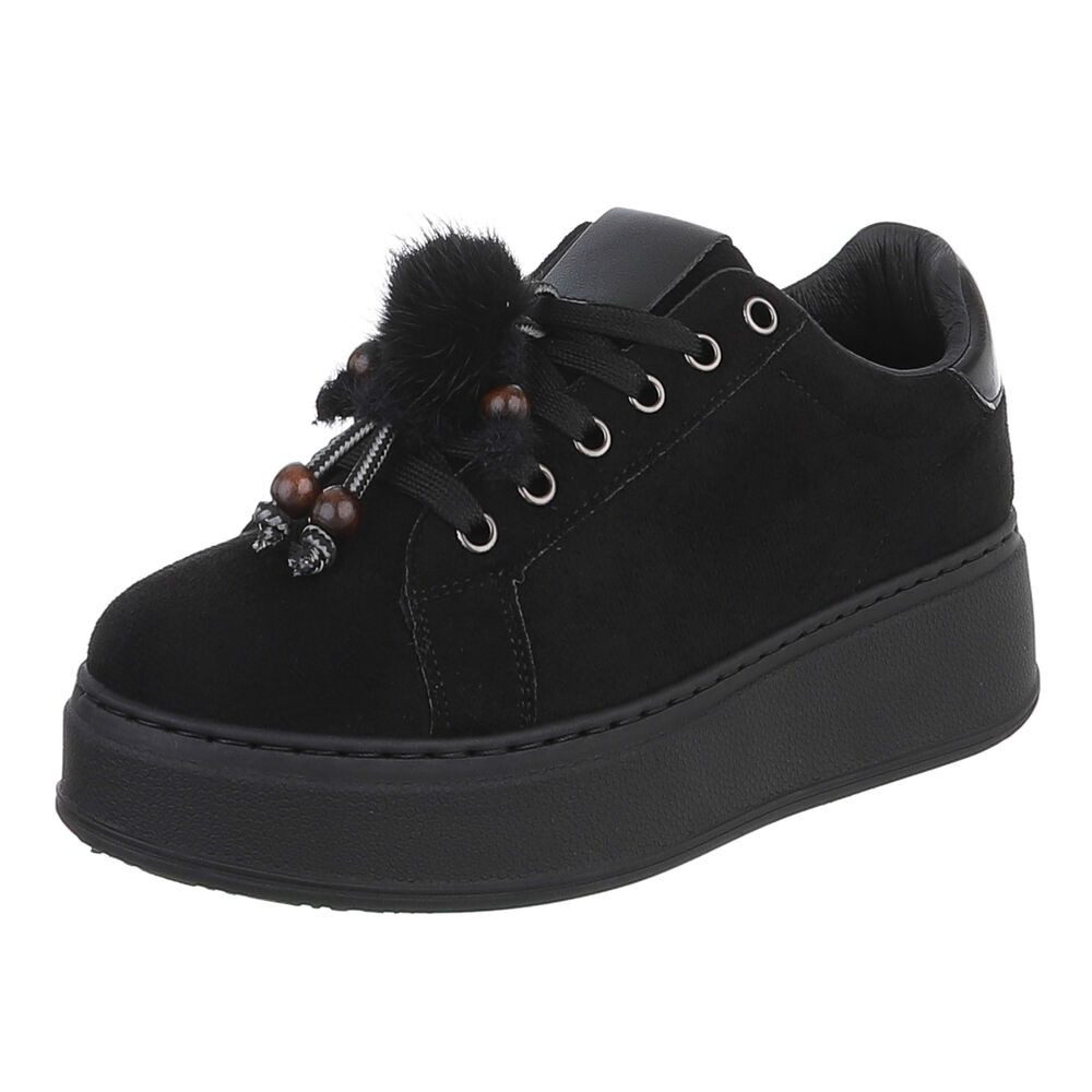 Ital-Design Damen Plateau-Schnürschuh mit Bommel und Zierdetails Sneaker (92355323) Keilabsatz/Wedge Sneakers Low in Schwarz