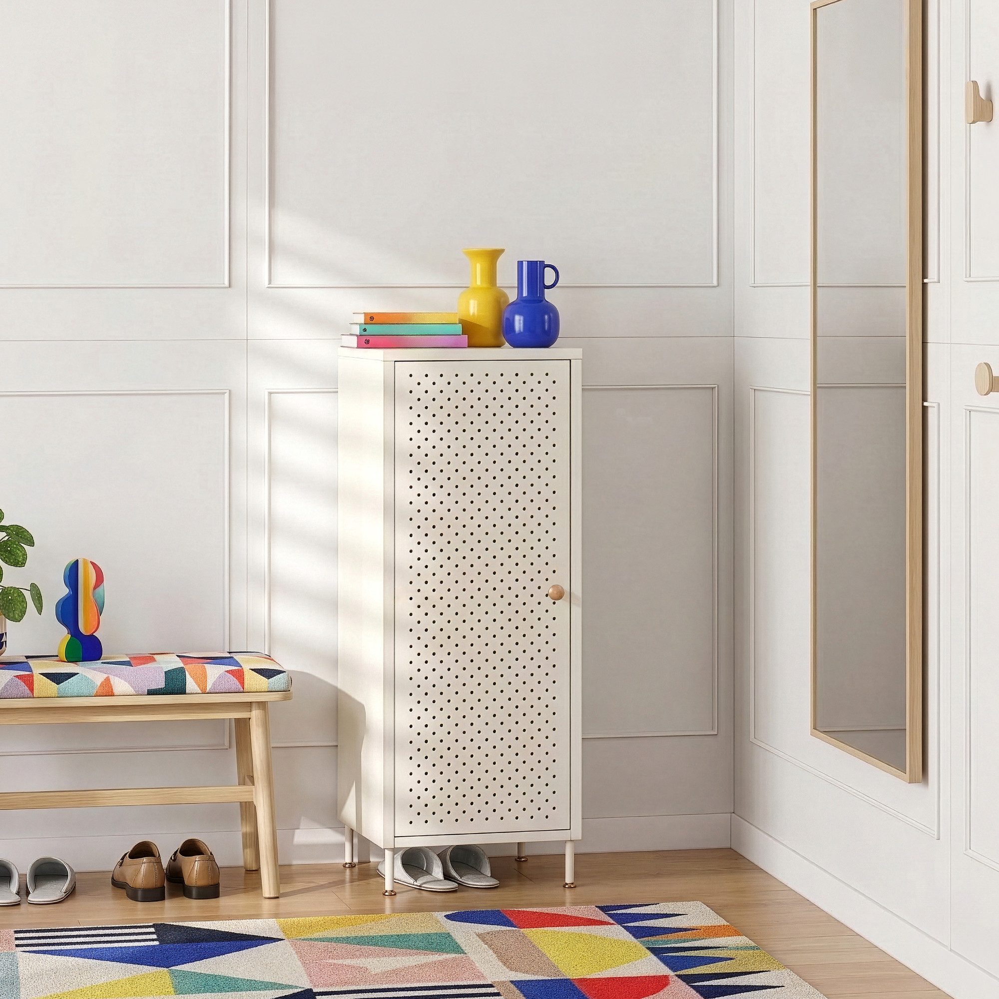 en.casa Schuhschrank »Coleraine« mit 1 Tür Stahl 115x43x35 cm Cremeweiß