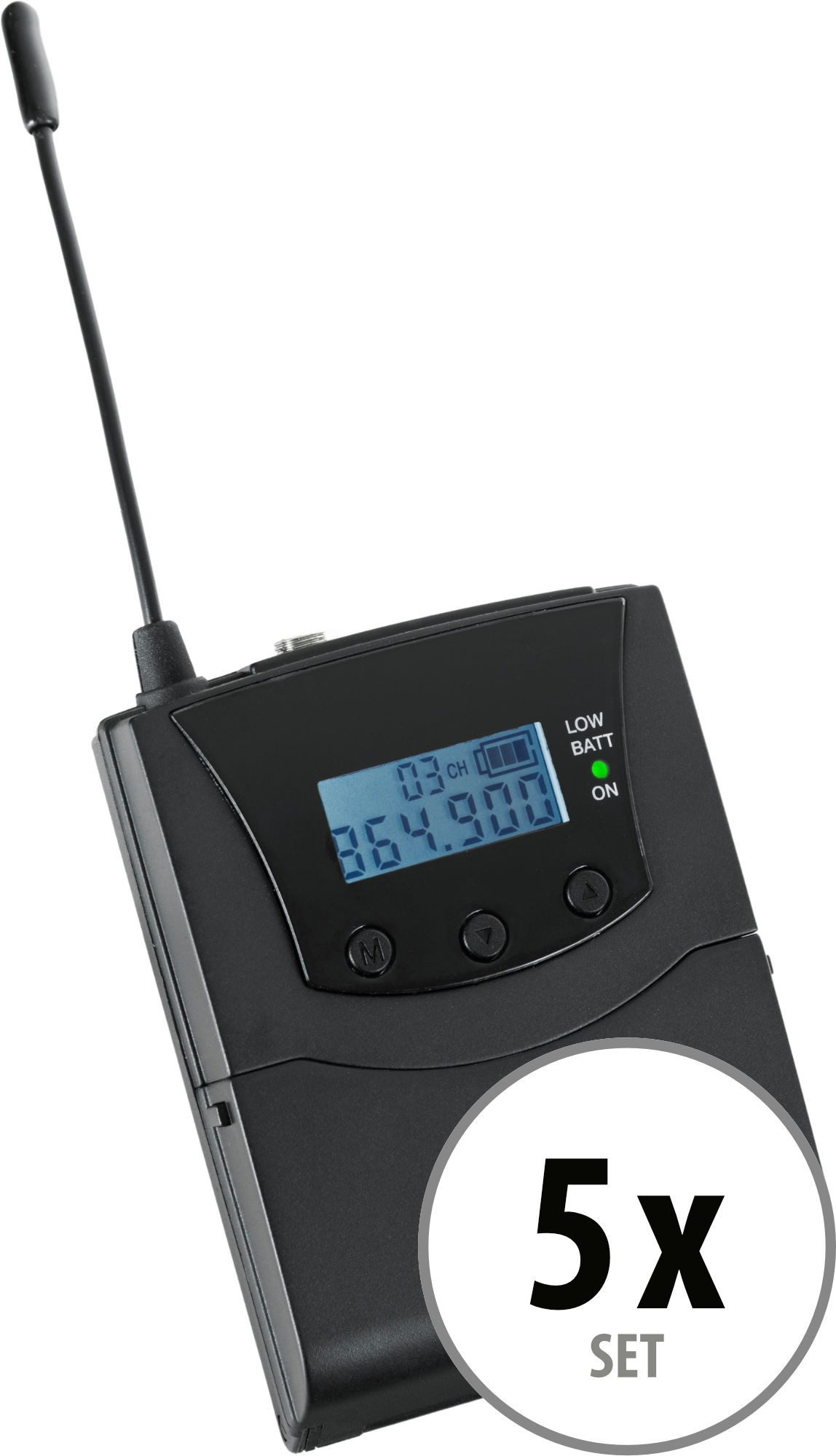 Pronomic SDR-BP30 Bodypack-Empfänger, 5er-Set Funk-Kopfhörer (Zur Verwendung mit jedem handelsüblichen Kopfhörer, keine Sprachsteuerung, UHF Funk, Mit Lautstärkeregler und Kanalwahlschalter)