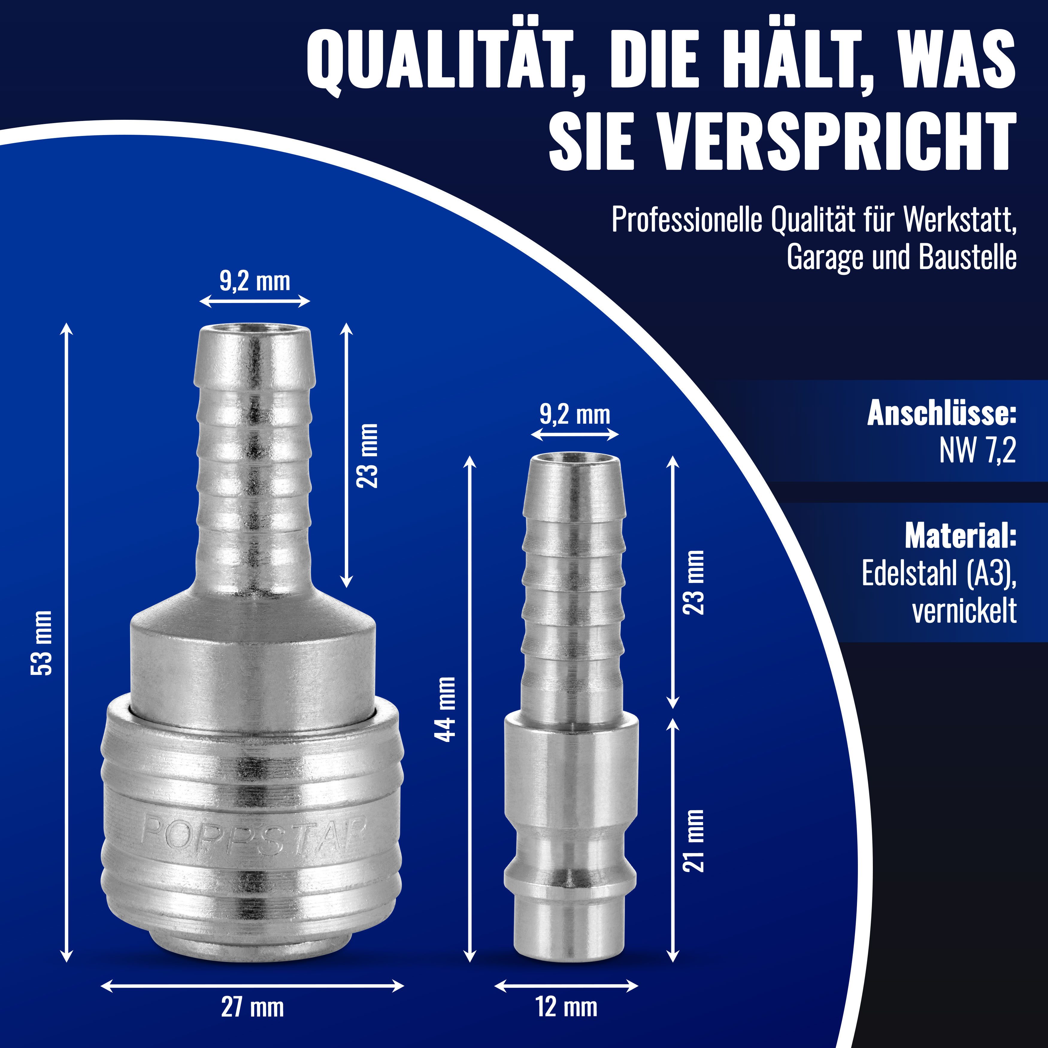 Poppstar Druckluftschlauch Premium Hybrid PVC mit Gewebeeinlage, (Innendurchmesser 9,2mm) mit Schnellkupplungen, bis 20 bar