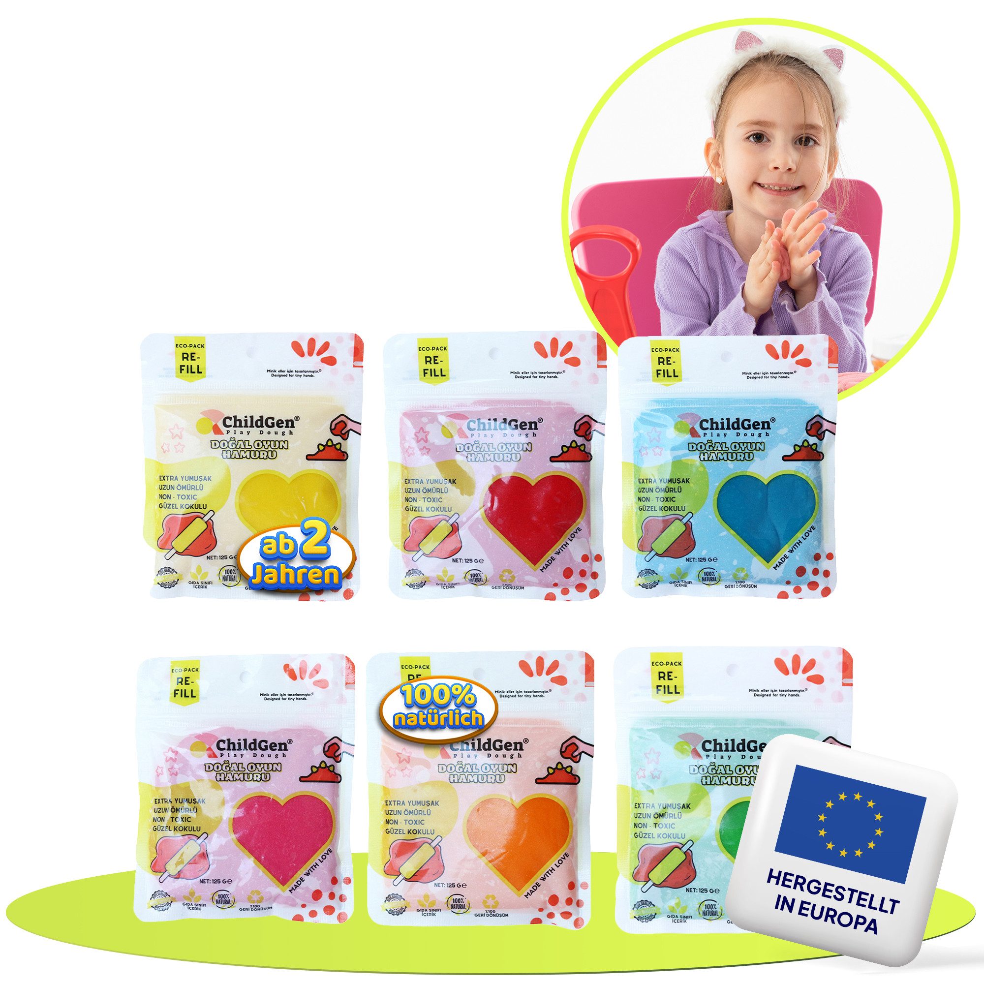 ChildGen Knete Knete Play Dough 100% natürliche Inhaltsstoffe, ungiftig (Nachfüllpackung, Kinderknete, Knete ab 2 Jahre, 6-tlg., Knetezubehör, Knetset, Knete -Set, Spielknete), Kinderknete, Knete ab 2 Jahre