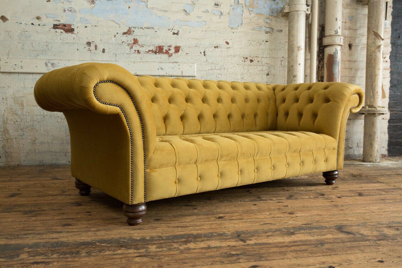 Knöpfen. Polster Sofa Rückenlehne Chesterfield Klassische Stoff, Gelbe Textil Sitz mit Chesterfield-Sofa Die JVmoebel Couch