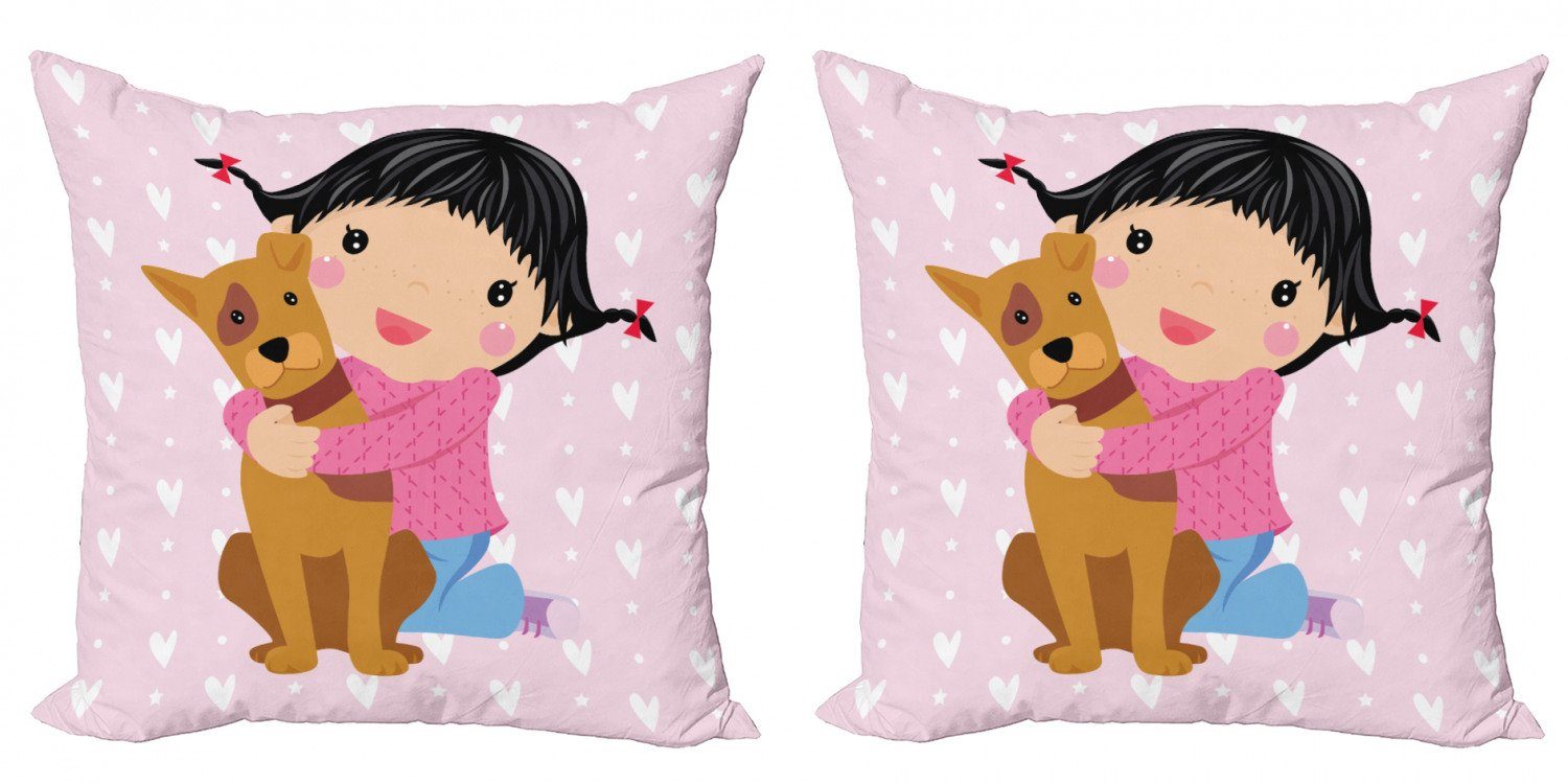 Kissenbezüge Modern Accent Doppelseitiger Digitaldruck, Abakuhaus (2 Stück), Kindergarten Doodle Mädchen und Hund