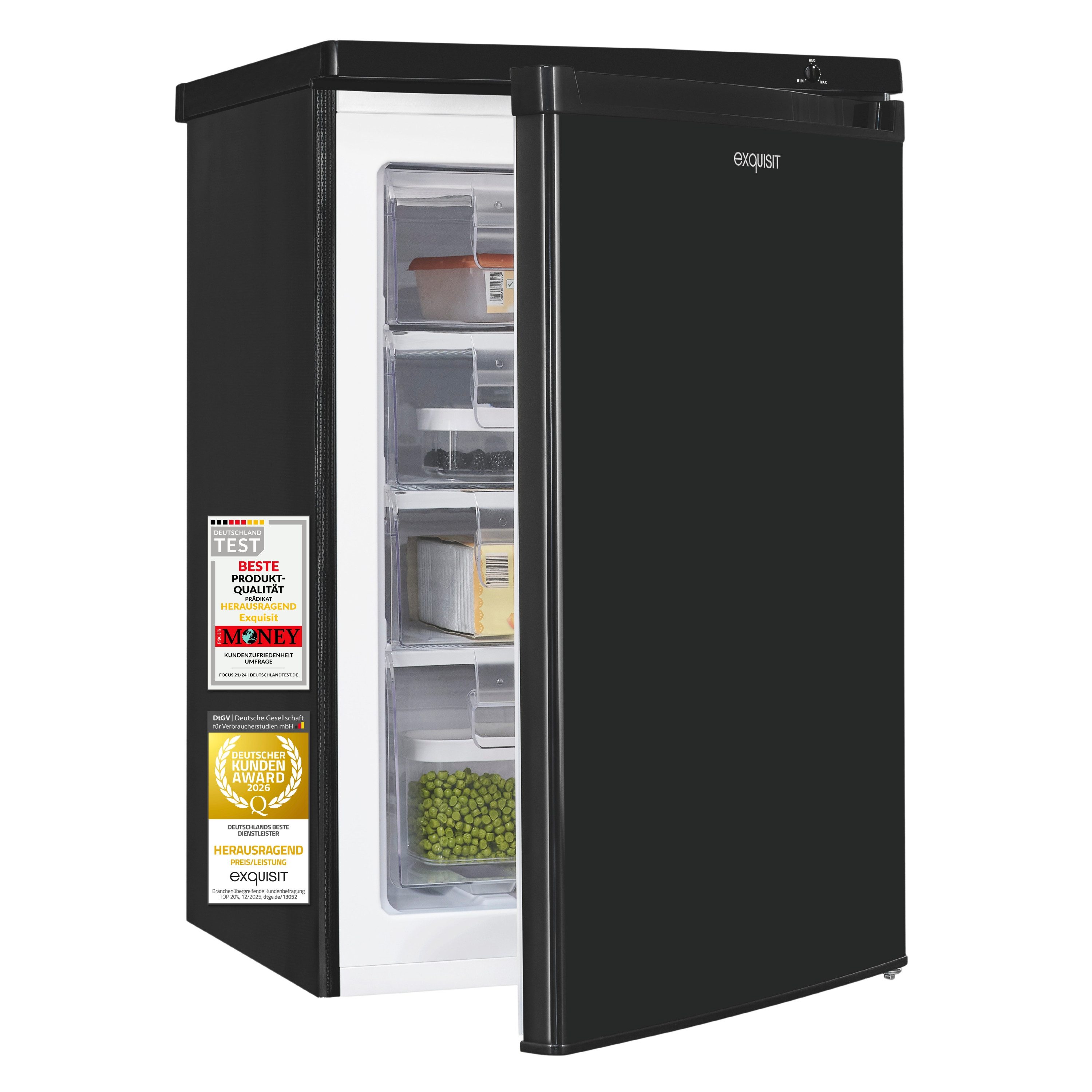 exquisit Gefrierschrank GS512-040E, 85.5 cm hoch, 55 cm breit, 91 l Nutzinhalt, 4 Gefrierschubladen, 40 dB Geräusch, Geräuschklasse C
