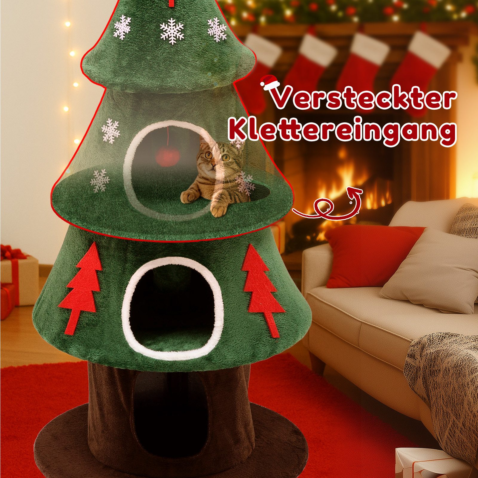 COMHOMA Kratzbaum 135 cm hoch, Weihnachtsbaum-Design, mehrstöckiger Katzenbaum, Katzenhaus mit Kratzsäulen Spielball stabiler Kletterbaum