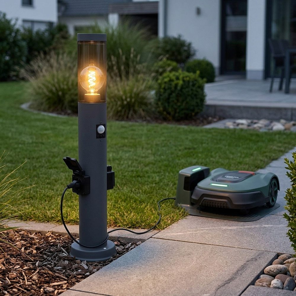 GLOBO LIGHTING LED Außen-Stehlampe, Leuchtmittel inklusive, Warmweiß, LED Sockelleuchte mit Steckdose und Bewegungsmelder Außen Stehleuchte