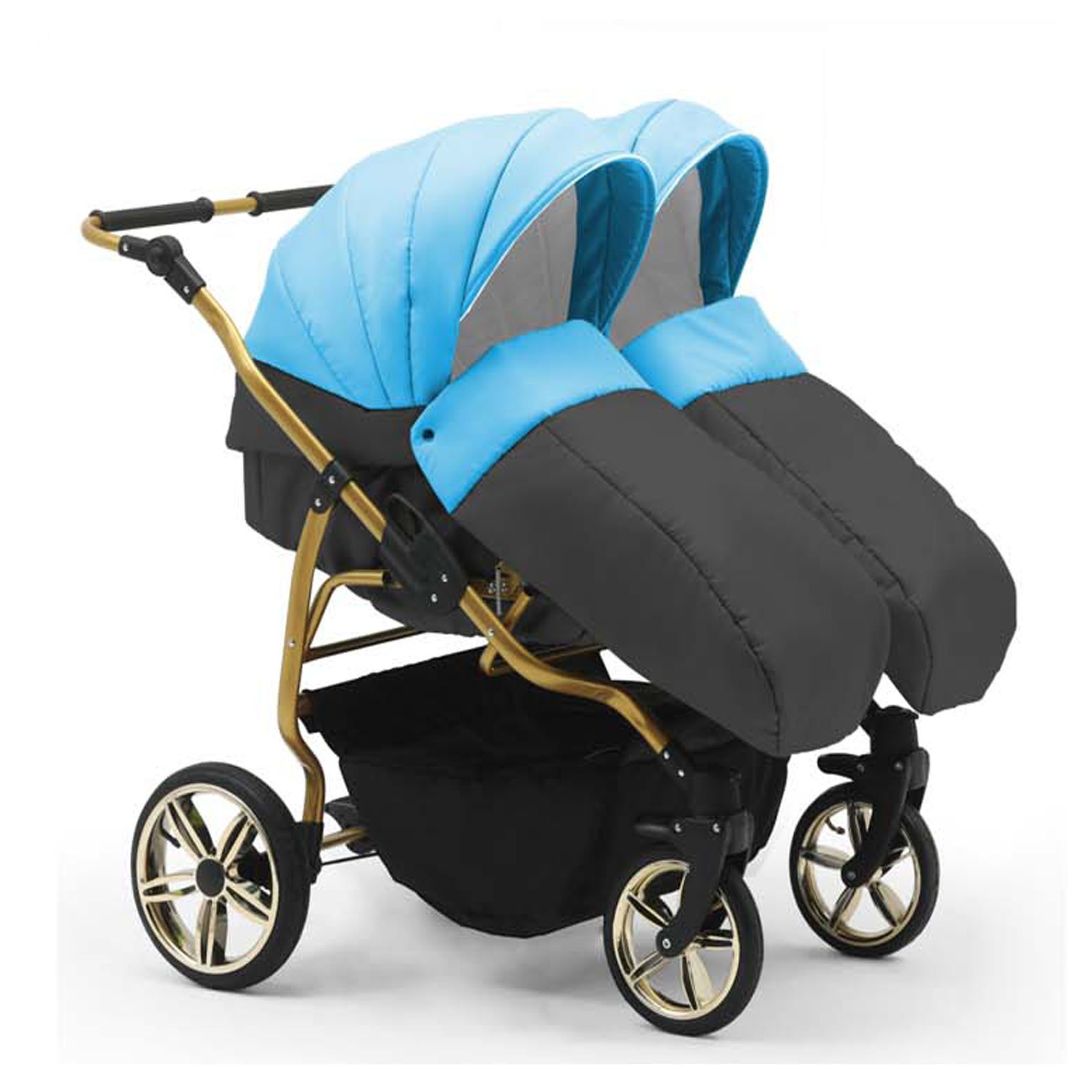 BabyMerc Zwillingswagen Duet Lux Gold 5 in 1 inkl. Sportsitze, Autositze und Isos in 20 Farben