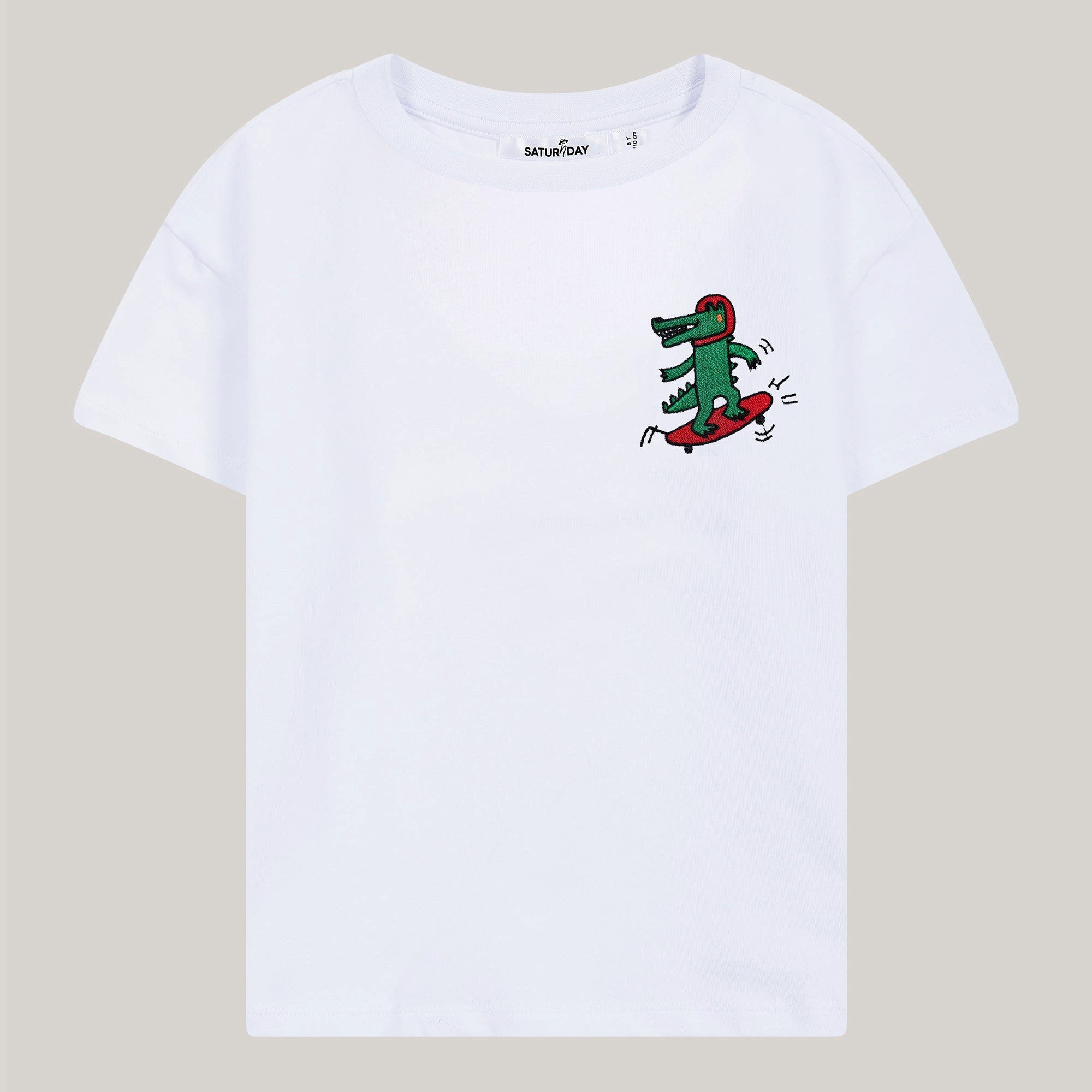 T-Shirt aus Baumwolle mit Stickerei: Krokodil auf Skateboard