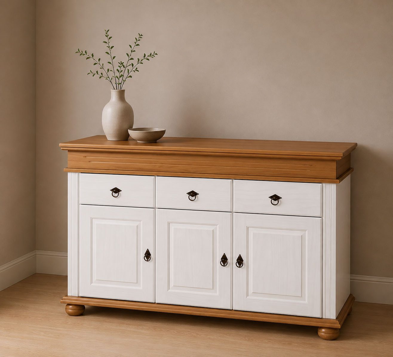 Inter Link Anrichte Halmaro, Kiefer Massivholz, Soft-close, 141 x 46 x 100 cm, Stauraum (1 St), Sideboard in Weiss, Braun/Oak, Landhausstil, 3 Türen, 3 Schubladen