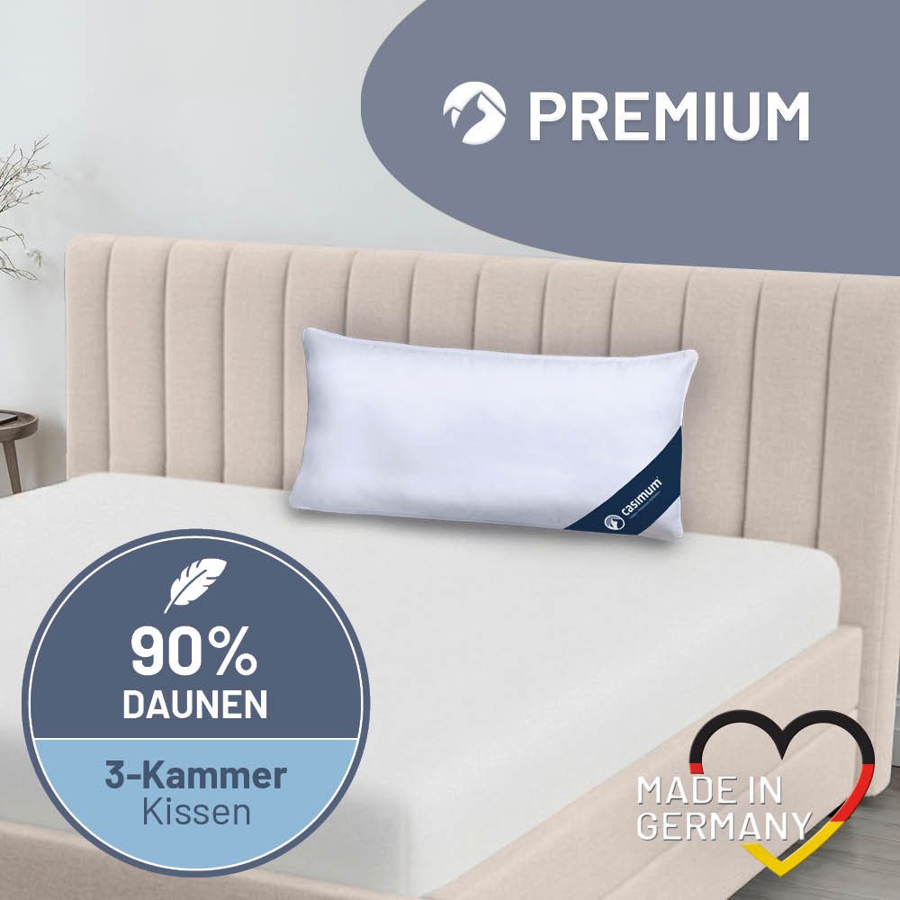 casimum 3-Kammer-Kopfkissen PREMIUM Daunenkissen 80x80, Kopfkissen 40x80, weich & stützend, Füllung: weiße neue Daunen und Federn, Klasse I, Bezug: 100 % Baumwolle, Seitenschläfer, Rückenschläfer, hergestellt in Deutschland, für Allergiker geeignet, 80 x 80 & 40 x 80
