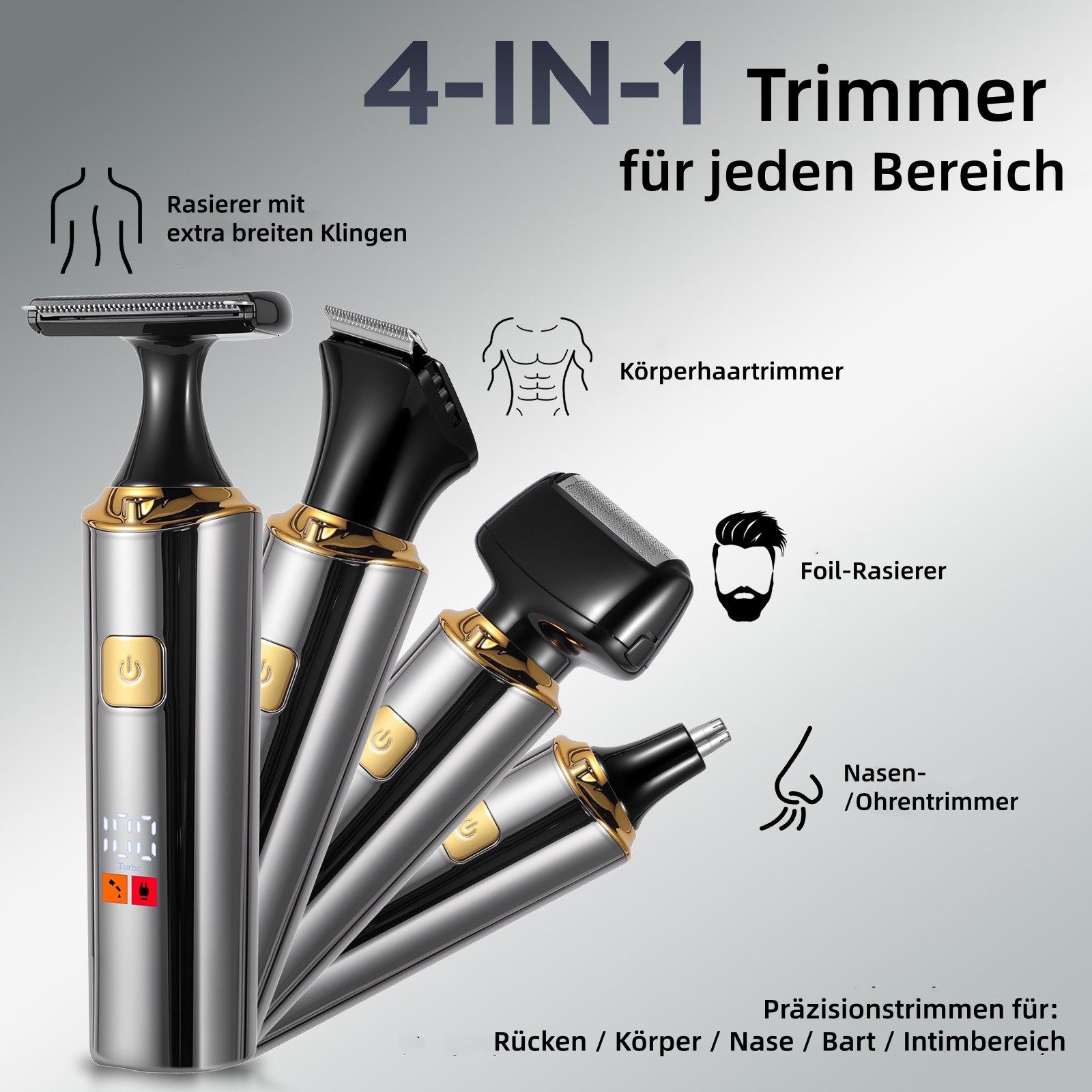 HATTEKER Elektrokörperrasierer HT-6199, Aufsätze: 1, Körperhaartrimmer, Rasierer Nasenhaarschneider Haar-/Bartschneider 4-in-1, Wet&Dry