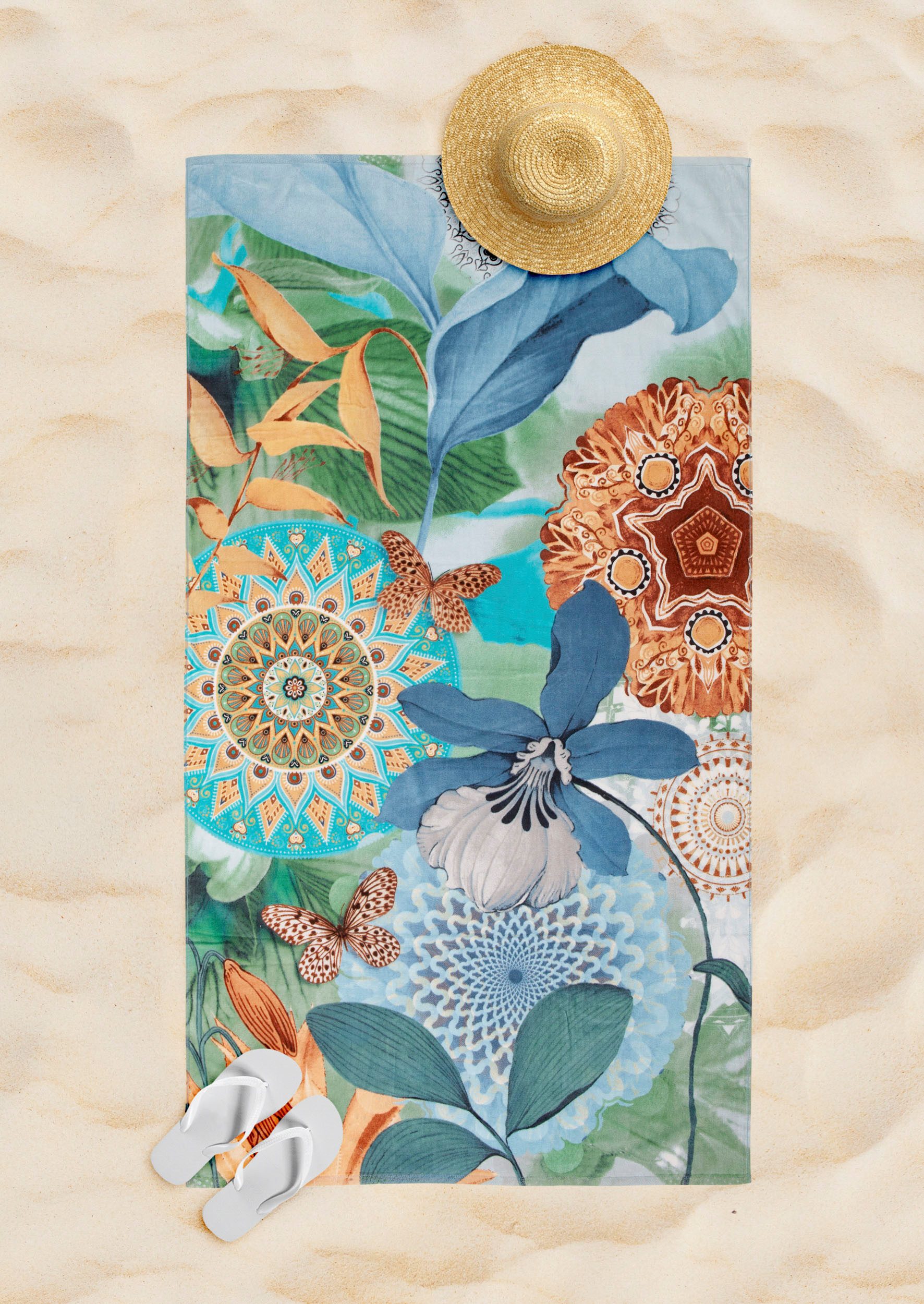 hip Strandtuch Zephir, Frotteevelours (Packung, 1-St), 100% Baumwolle, Velours, 100x180, Weich, Strand, Mandala, Blumen, Grün