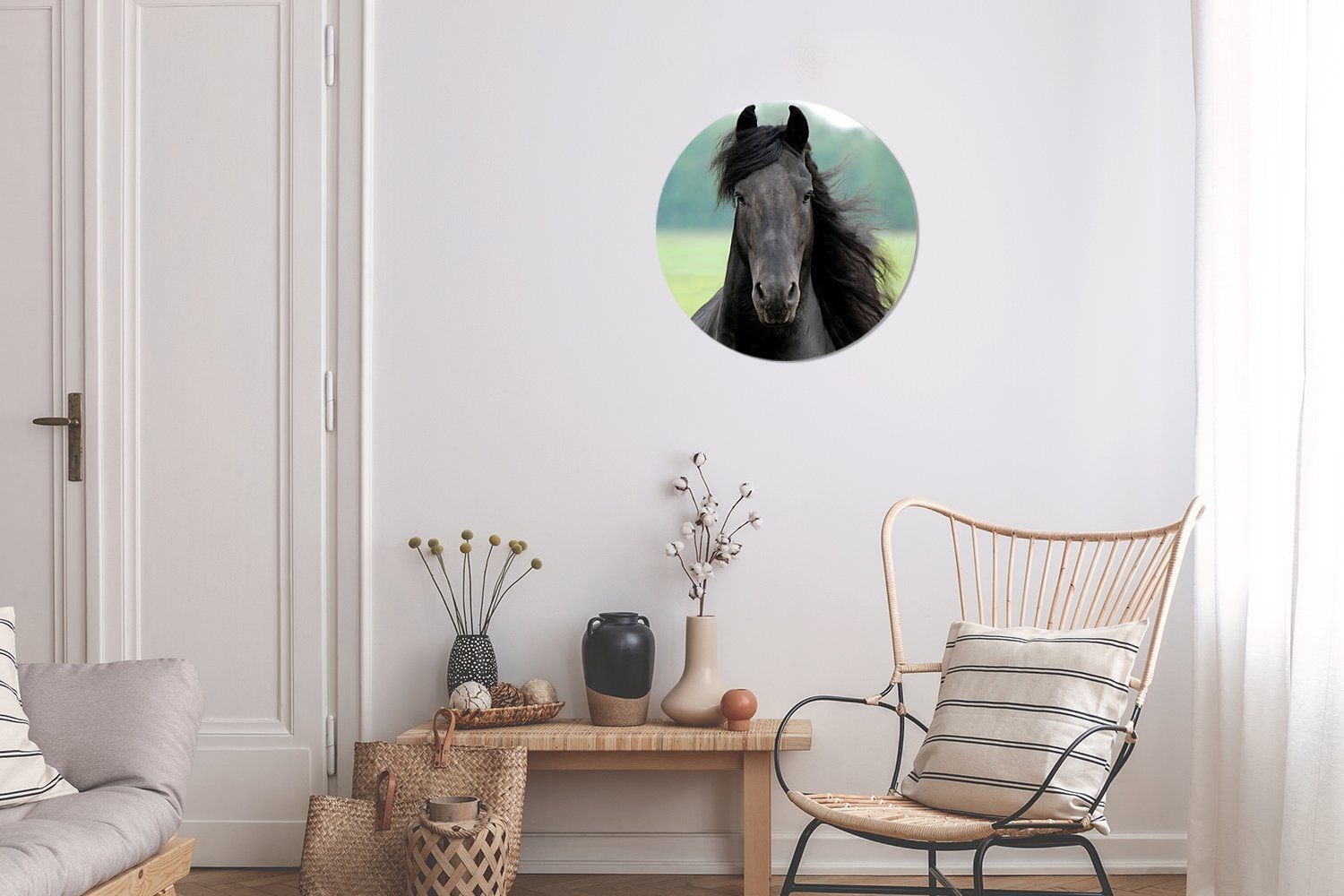- MuchoWow - Wohnzimmer, Rundes (1 30x30 cm Pferd Friesisch Gemälde Gras, Forex, St), Wandbild, Kreis Wanddekoration