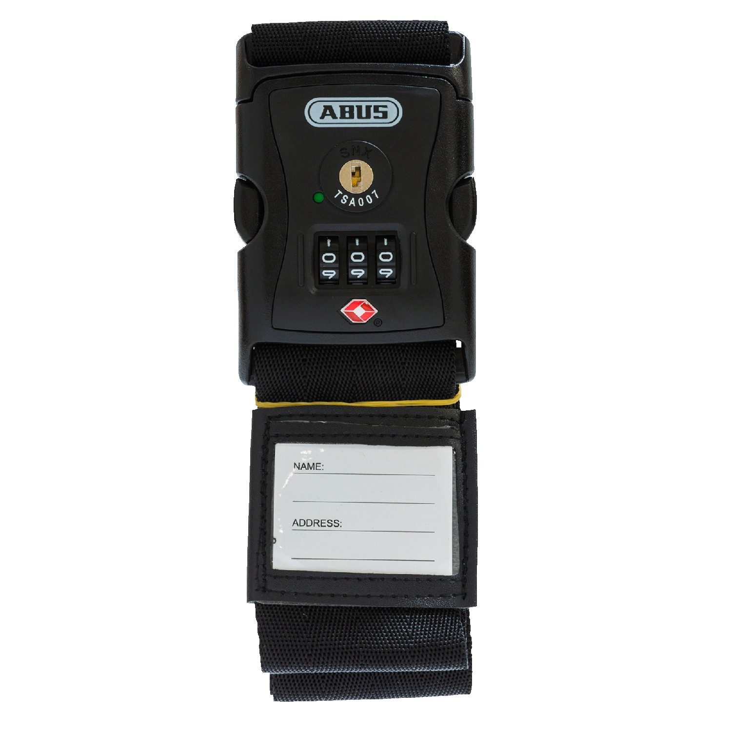 ABUS Koffergurt Kofferband-Schloss 620TSA/192 - USA Reise, Zahlencode, 1 Stk., Schwarz, Individuell einstellbarer dreistelliger Zahlencode, mit Adressetikett
