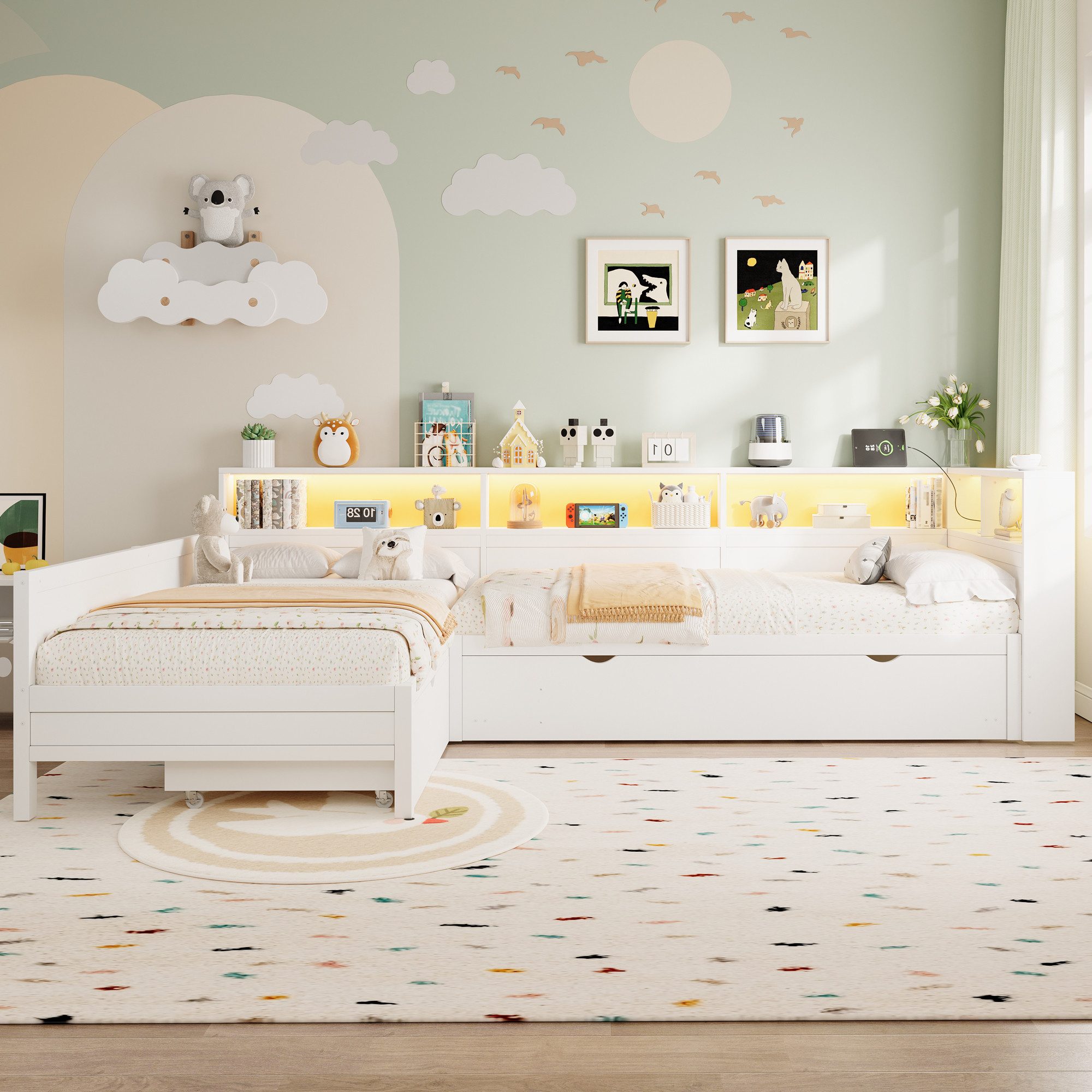 Flieks Kinderbett, Dreierbett Daybett 90x200cm*2 mit Ausziehbett 90x190cm und Schublade