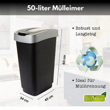 SUSTANIA Mülleimer Duo Mülleimer Küche 2x 50 L Abfalleimer mit Schwingdeckel, Robust Recycelbarer Kunststoff, Schwarz/Silber