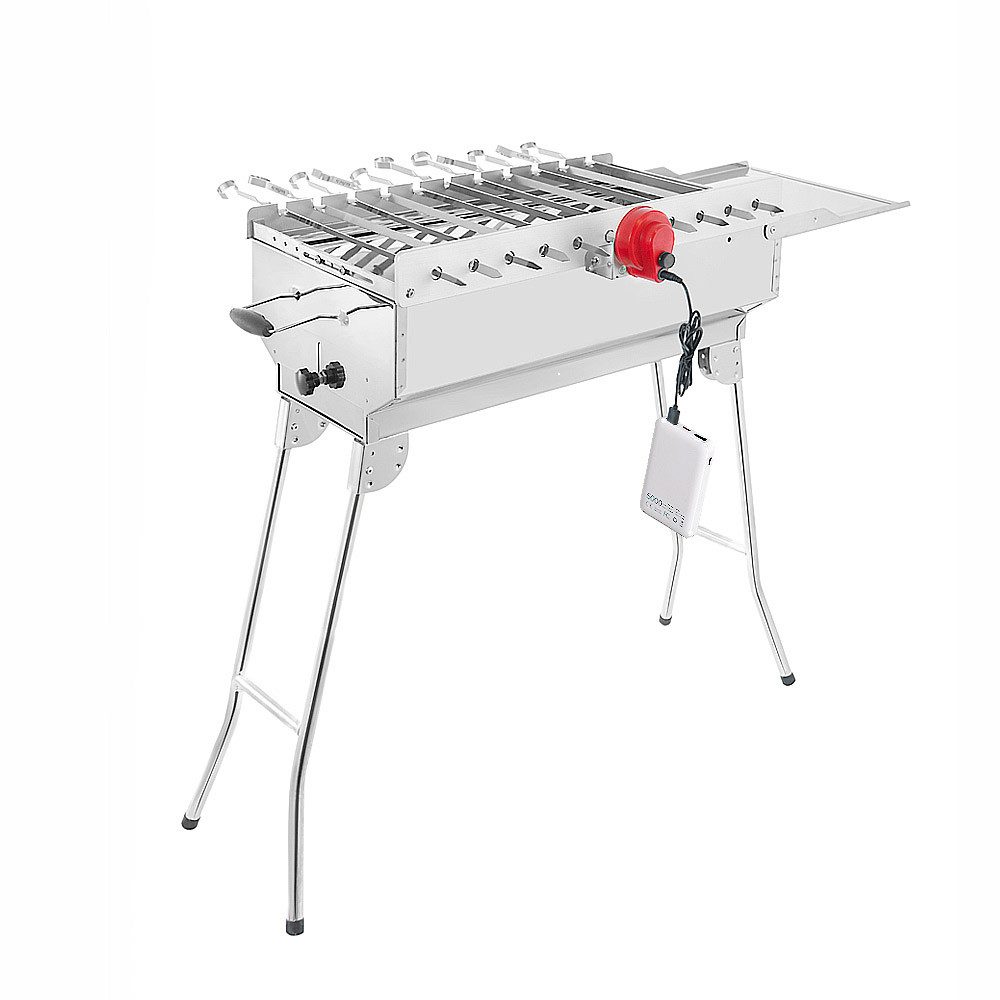 BEM Holzkohlegrill SMAK Rambo Mangal Grill Set, mit Zubehör, inkl. Powerbank + Motor + Spießen, Elektrisch Edelstahl Klappbar