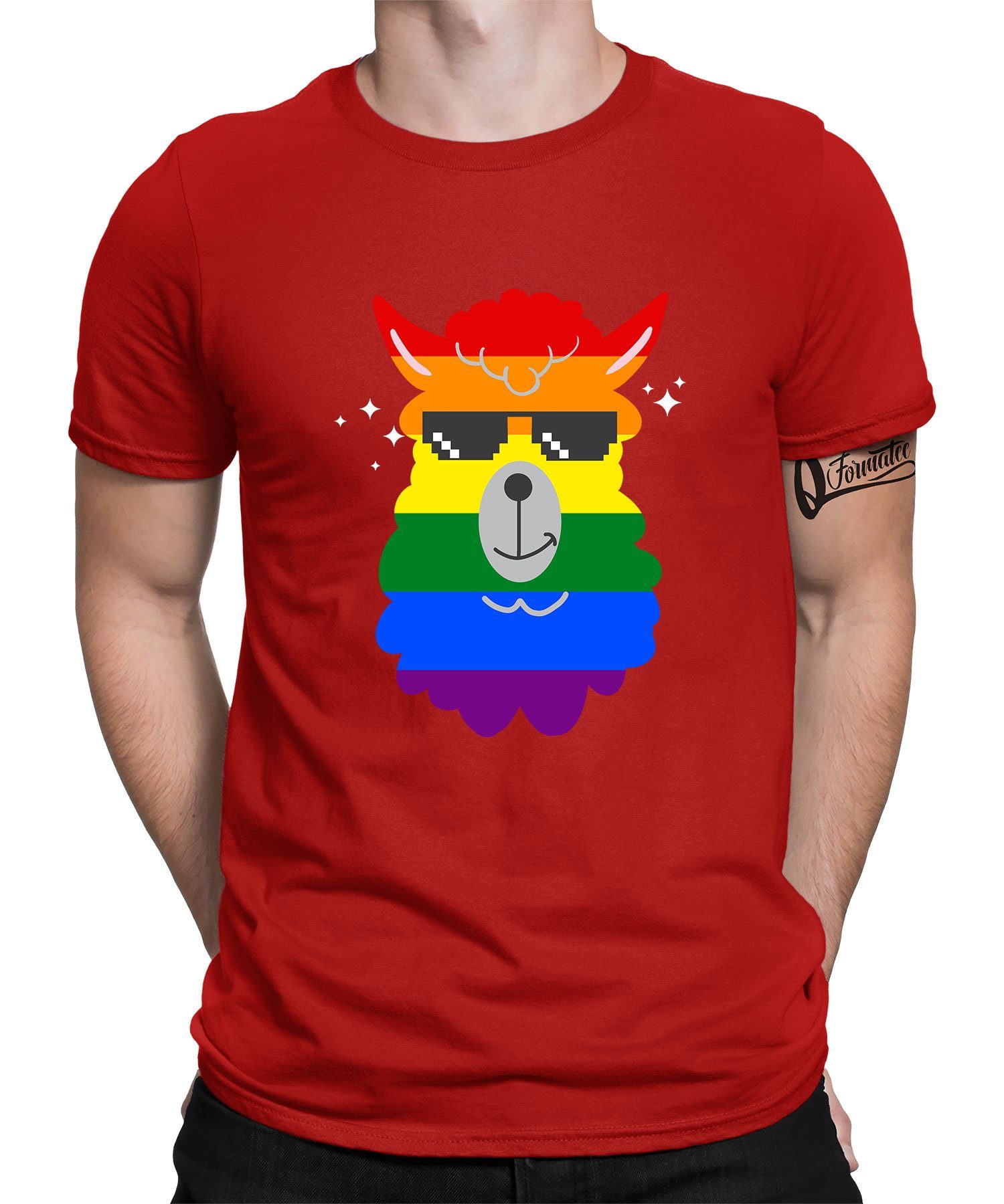 Herren T-Shirt Formatee Alpaka Kurzarmshirt (1-tlg) Stolz Quattro Pride Lama Gay LGBT Regenbogen - Rot