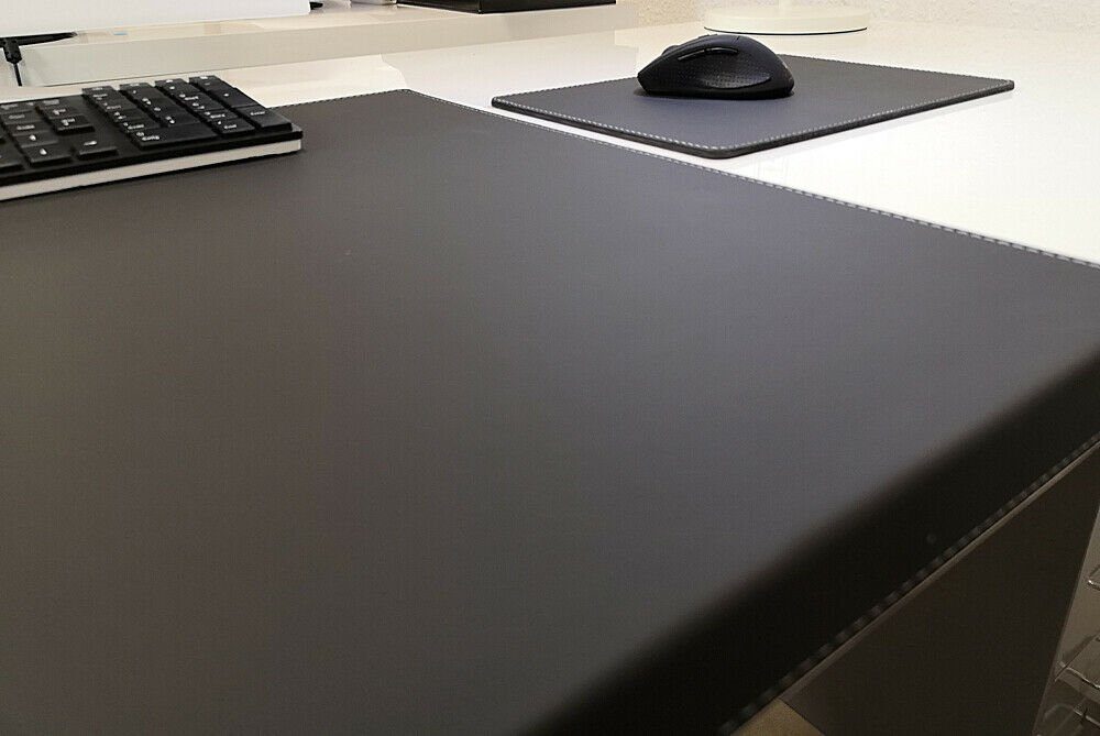 Profi Mats Schreibtischunterlage gewinkelt + Mauspad Echt Leder Schwarz silber Naht 90x47 – Bild 5 von 5