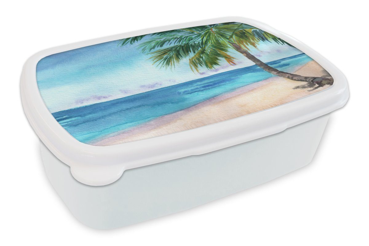 MuchoWow Lunchbox Strand - Palme - Meer, Kunststoff, (2-tlg), Brotbox für Kinder und Erwachsene, Brotdose, für Jungs und Mädchen weiß