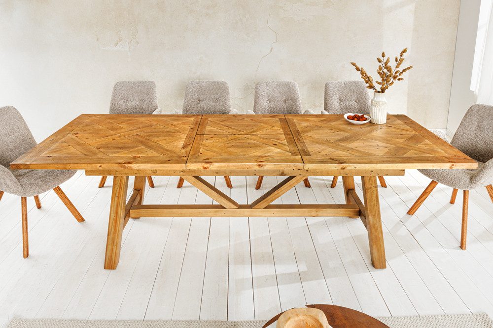 riess-ambiente Esstisch RIVIERA 180-240cm natur - recyceltes Pinienholz, mit Einlegeplatte (Einzelartikel, 1-St), Industrial Design mit Querstrebe – ideal für bis zu 12 Personen