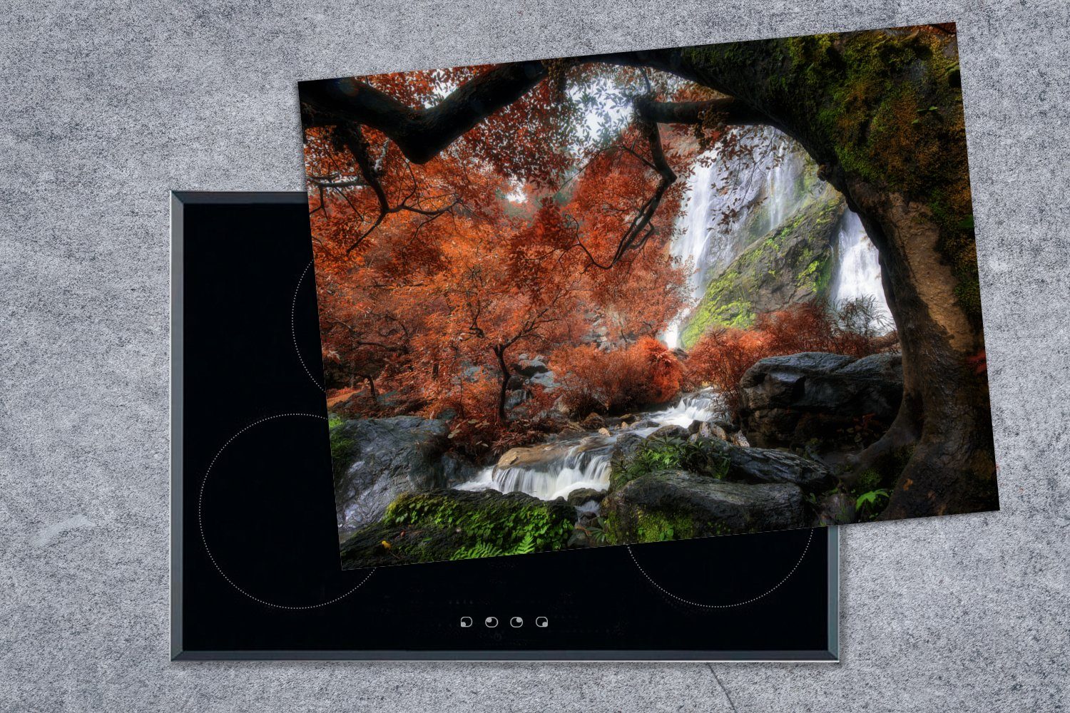 MuchoWow Herdblende-/Abdeckplatte Ein cm, Mobile Klong-Lan-Nationalpark, am nutzbar, 70x52 Tag Ceranfeldabdeckung tlg), Wasserfall im herbstlicher Vinyl, (1 Arbeitsfläche