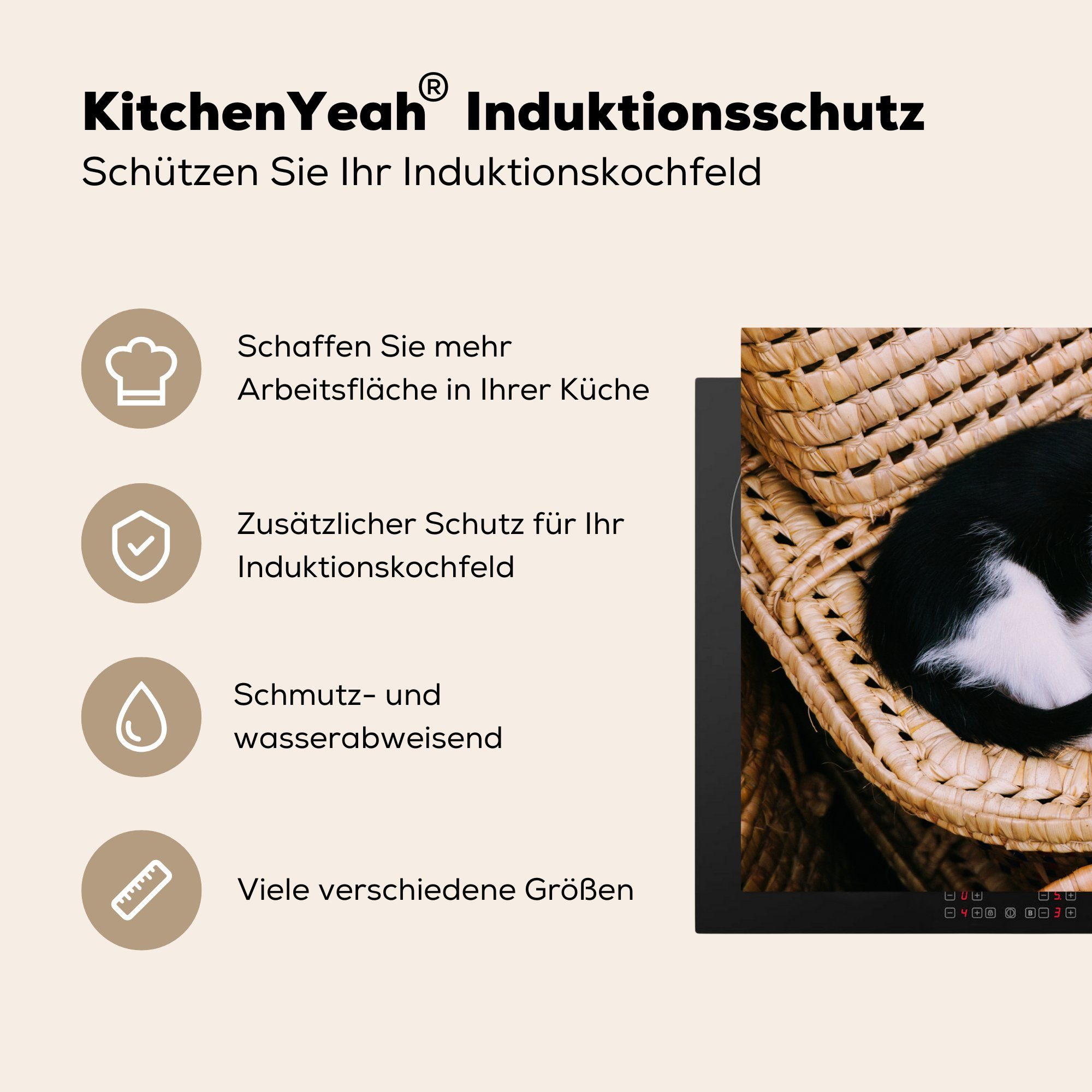 MuchoWow Herdblende-/Abdeckplatte Katze - Korb die tlg), für Ceranfeldabdeckung Schutz cm, 81x52 - (1 Weiß, küche, Induktionskochfeld Vinyl, - Schwarz