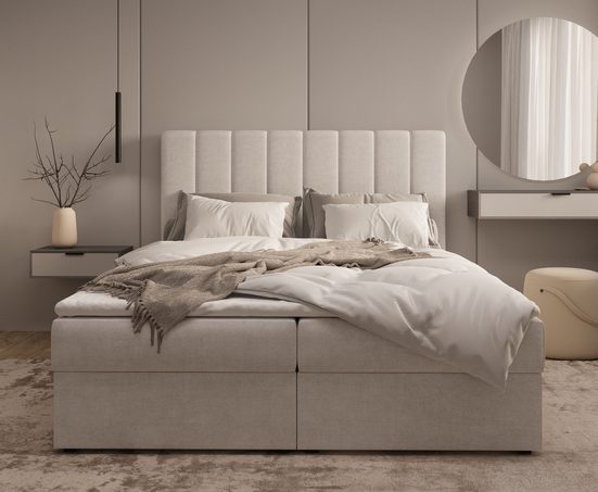 MOEBLO Boxspringbett Bett 01 (Bonell-Matratze und Topper, Doppelbett gepolstertes Kopfteil mit Bettkasten Boxspringbett 180x200 cm - Einrichtungsbeispiel