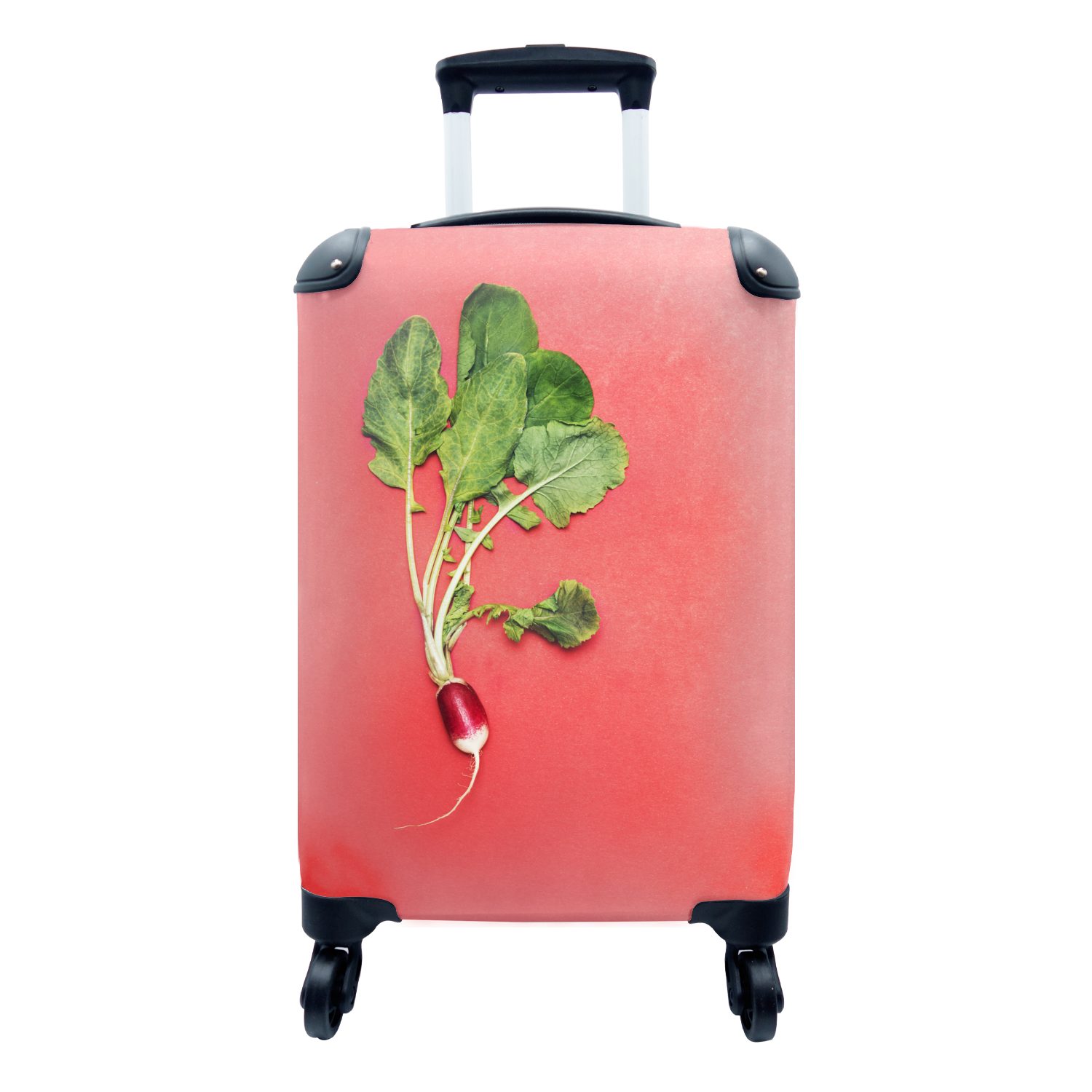 MuchoWow Handgepäckkoffer Ein Rettich mit Blättern vor rotem Hintergrund, 4 Rollen, Reisetasche mit rollen, Handgepäck für Ferien, Trolley, Reisekoffer