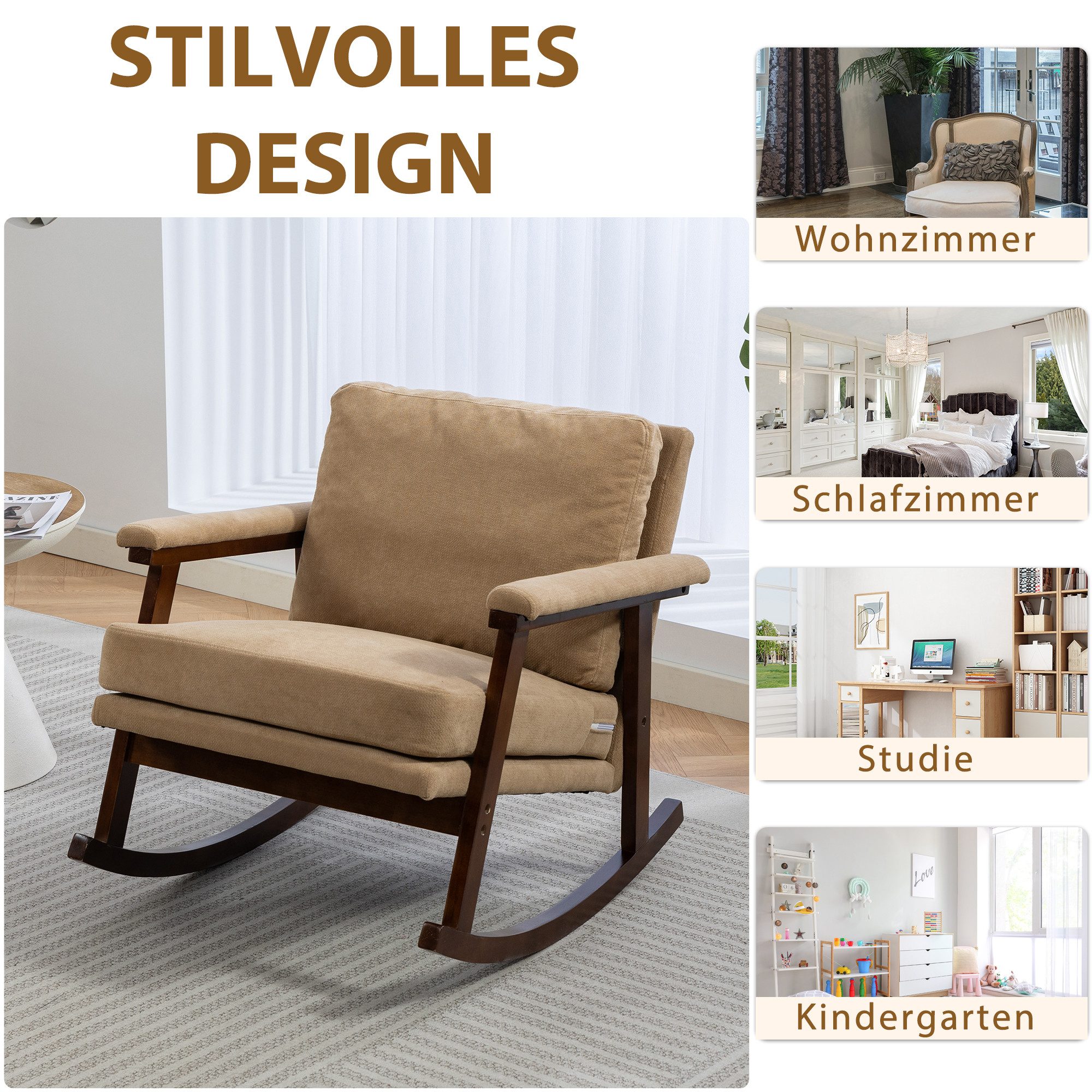 KLAM HOME Schaukelstuhl Mid-Century Schaukelstuhl mit Holzgestell und edlem Samtbezug (Komfortabler gepolsterter Lesesessel für Wohn- und Schlafzimmer), Stilvol – Bild 5 von 5