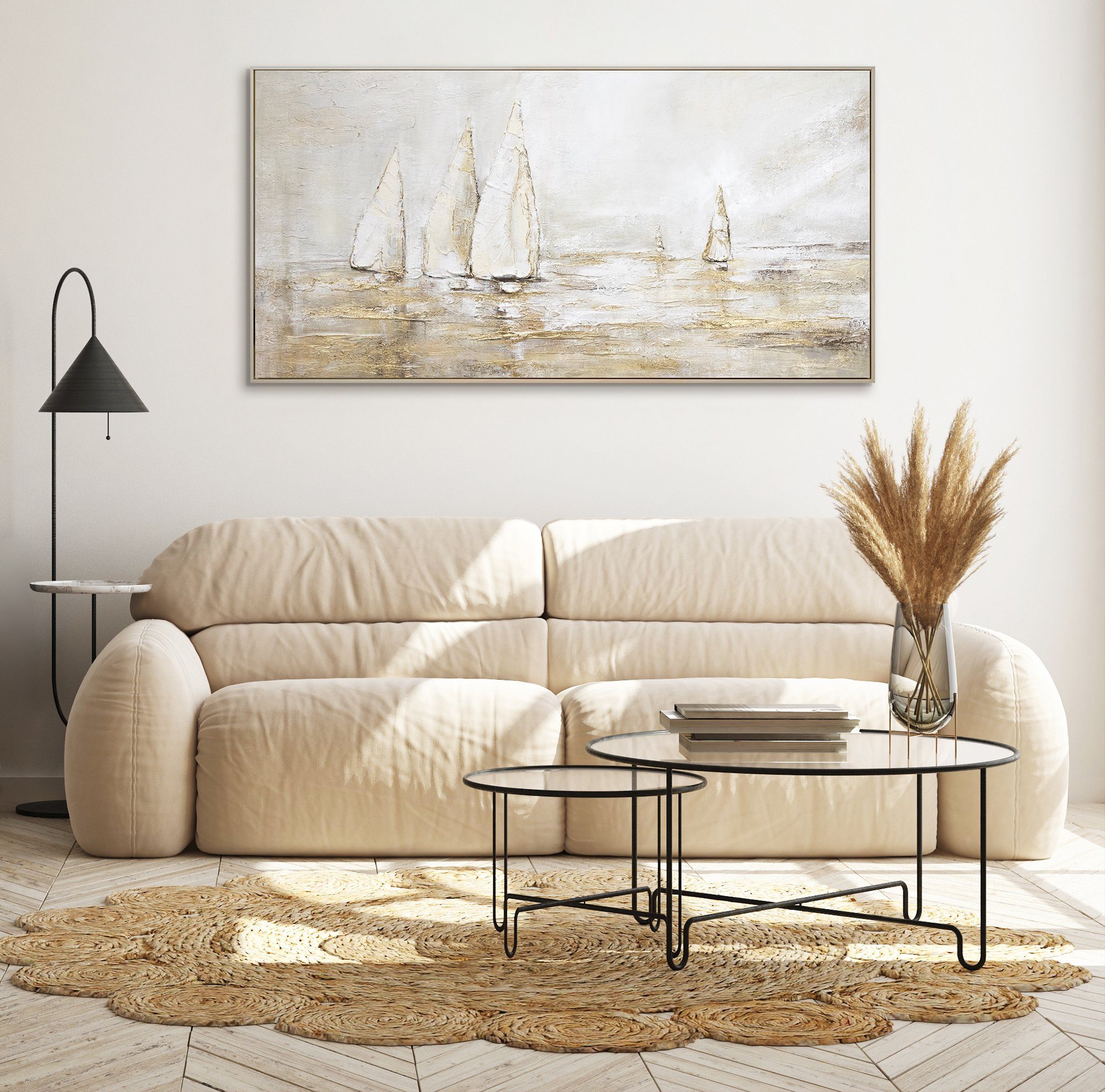 Wasser Segelboote Meer in YS-Art Rahmen Landschaftsbilder, Gold Mit Beige Sonnenblendung, Leinwand Bild Handgemalt Gemälde